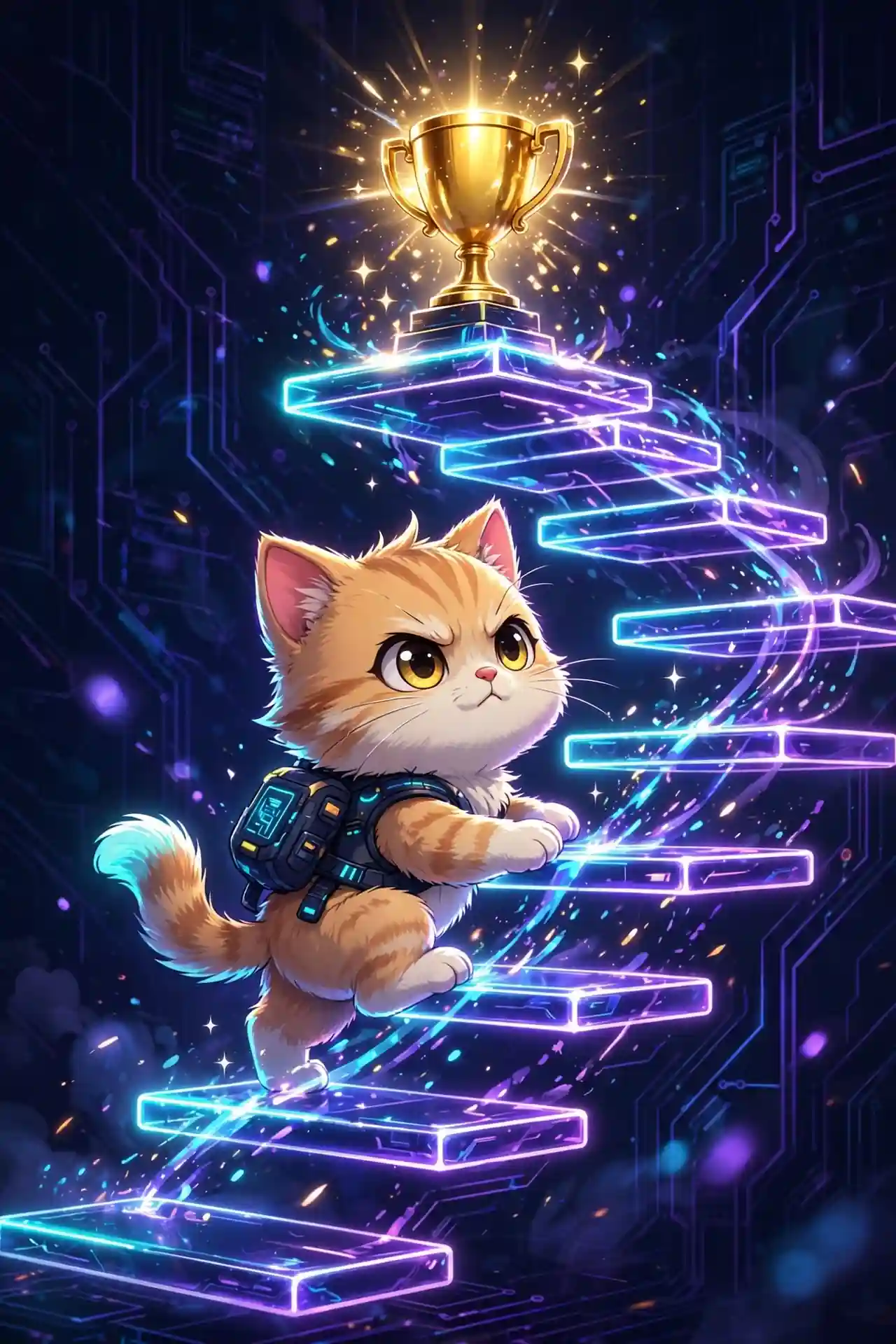 Kitten climbing glowing steps toward a trophy — skill grows with practice, a key ability synonym