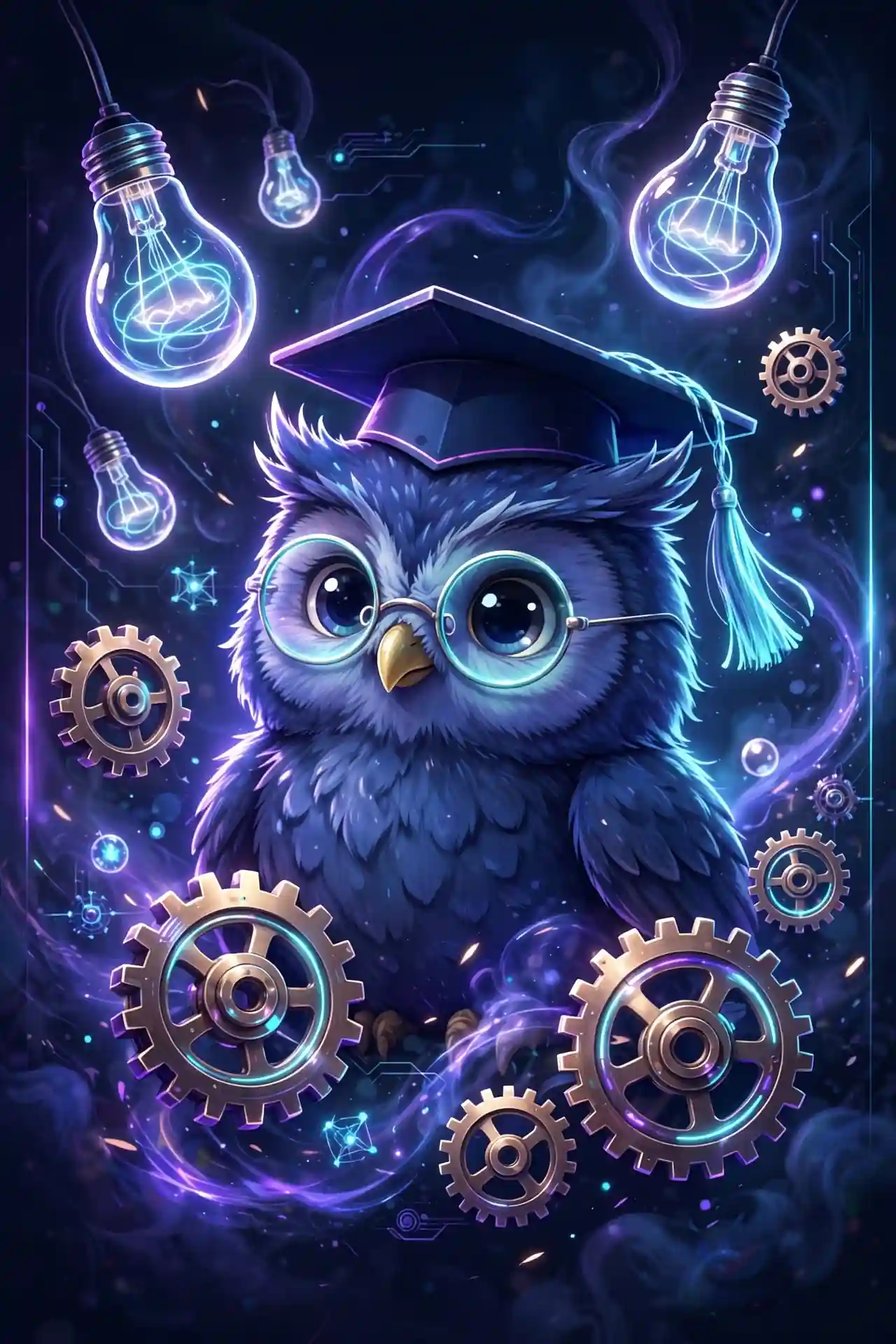 Owl professor with glasses and a graduation cap among glowing gears — expertise and other ability synonyms