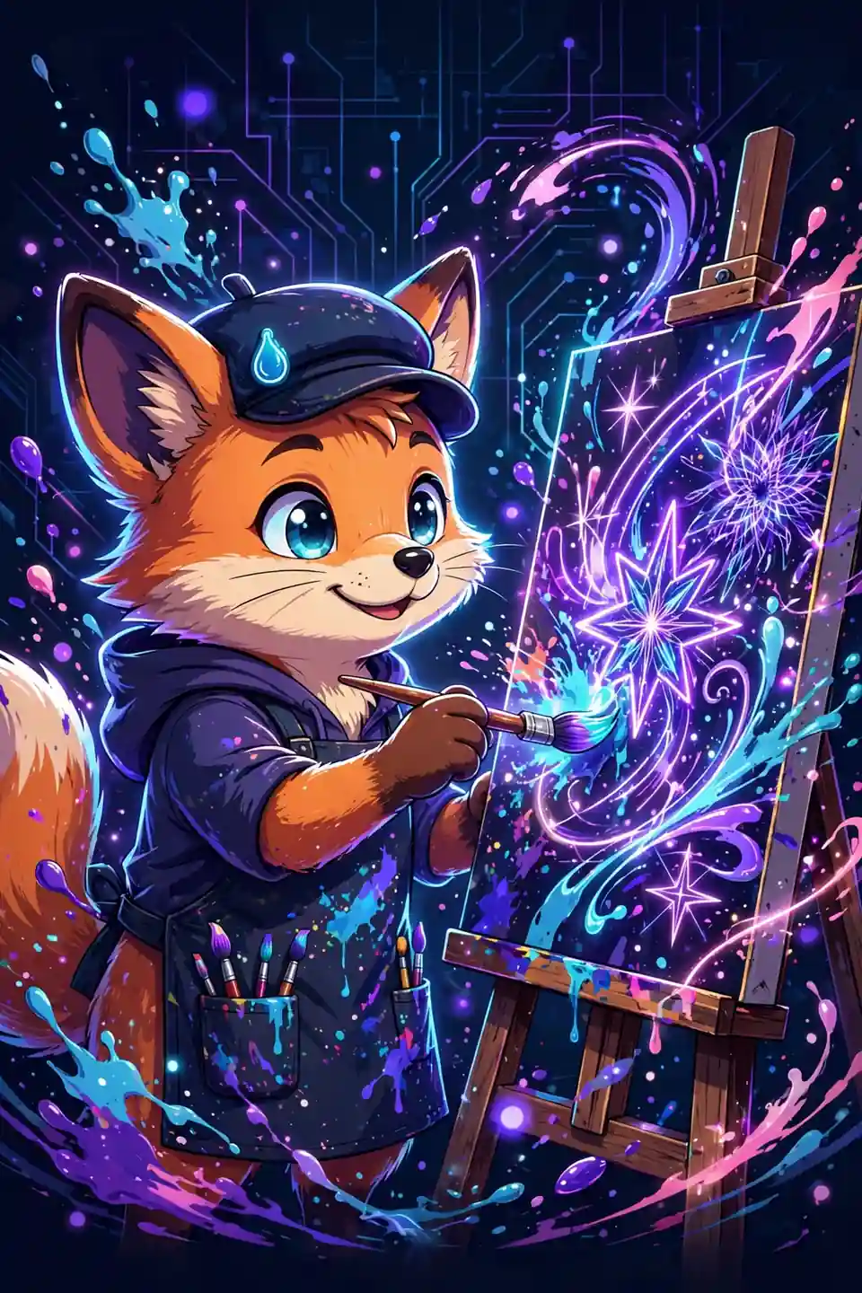 Fox artist painting a glowing masterpiece — flair and talent, creative ability synonyms