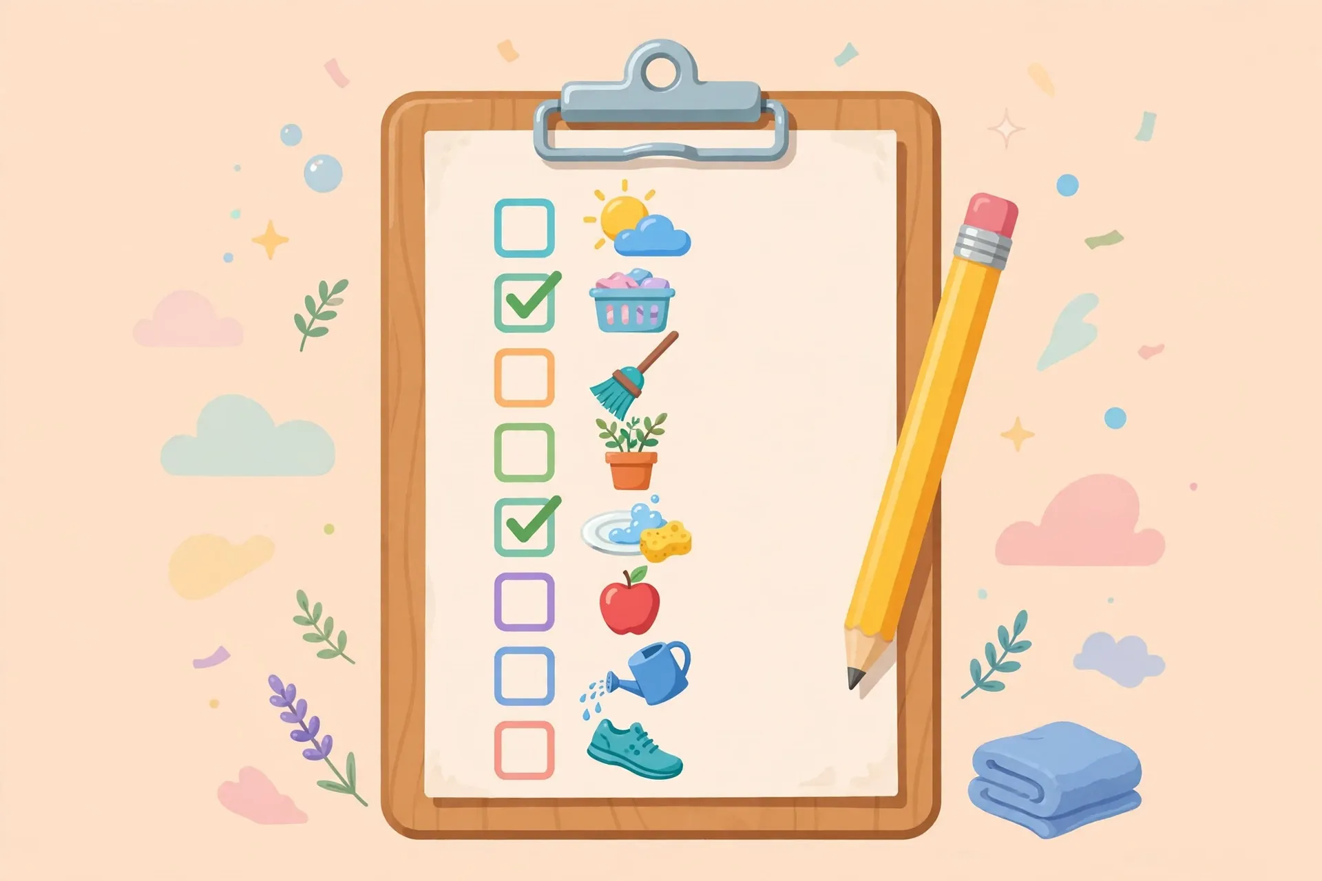 Different ways to say activities in English - daily tasks checklist on clipboard