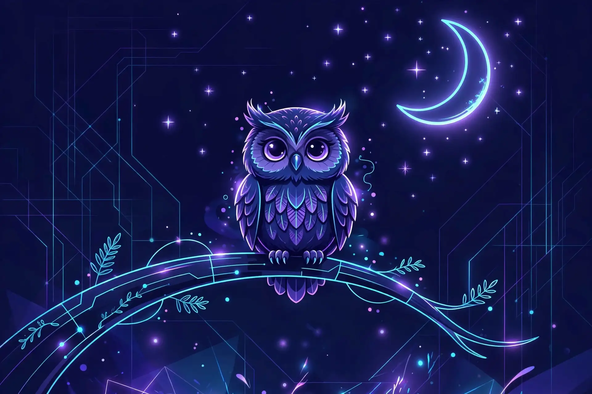 Alone synonyms — cute owl sitting solo on a branch under glowing stars, a peaceful solitary moment