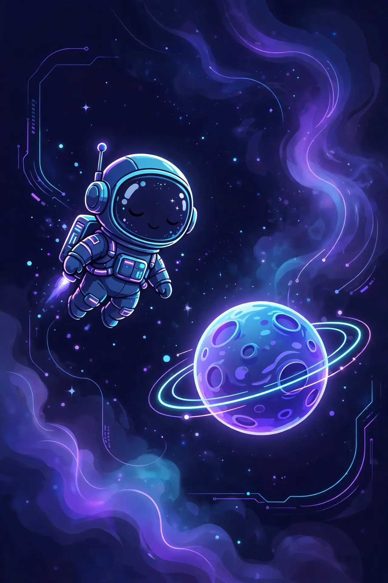 Synonyms for alone — cute astronaut floating on their own in glowing space, independent and calm