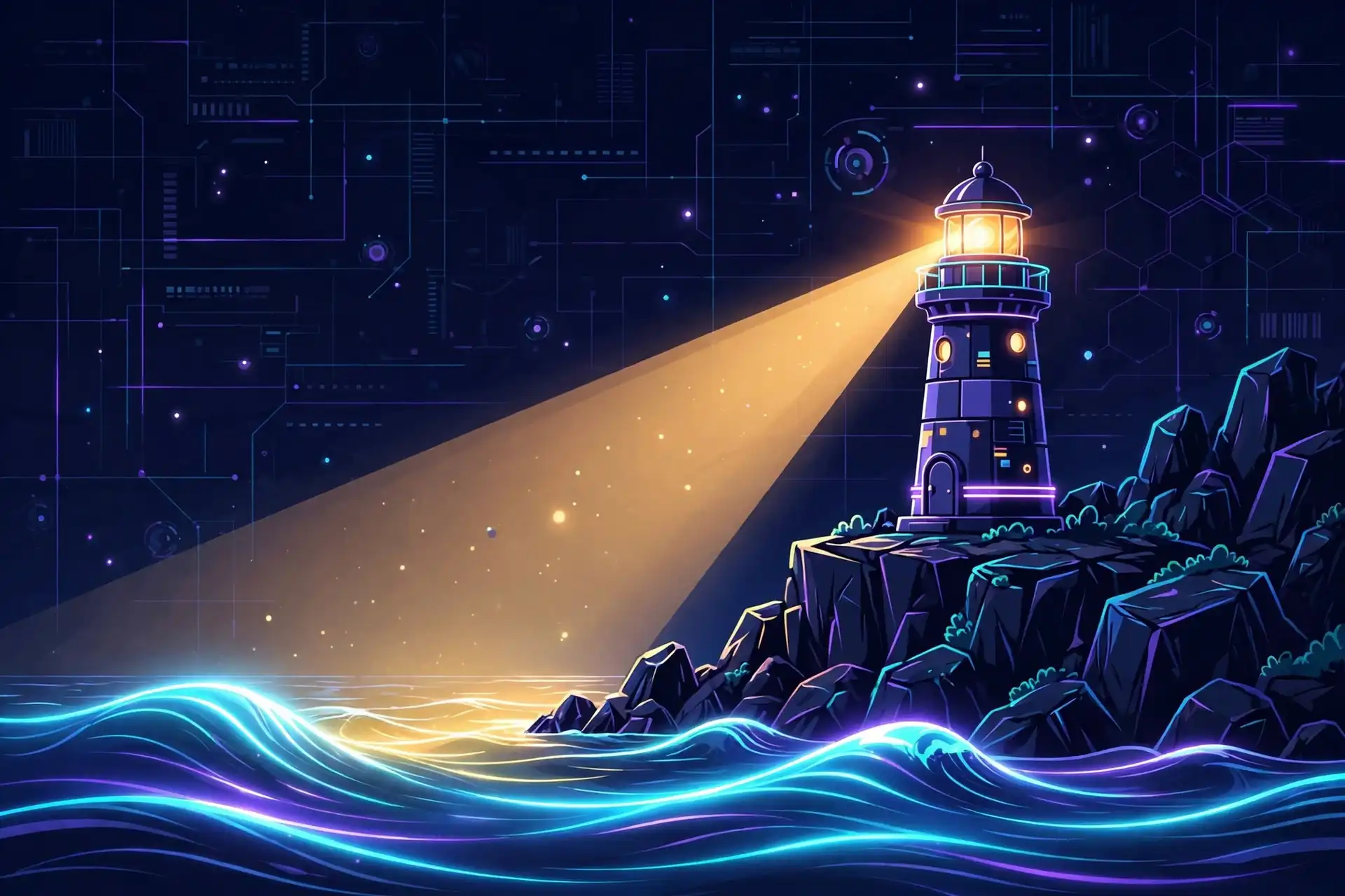 Learning alone synonyms — a lighthouse standing alone on a cliff, shining its glowing beam over the sea