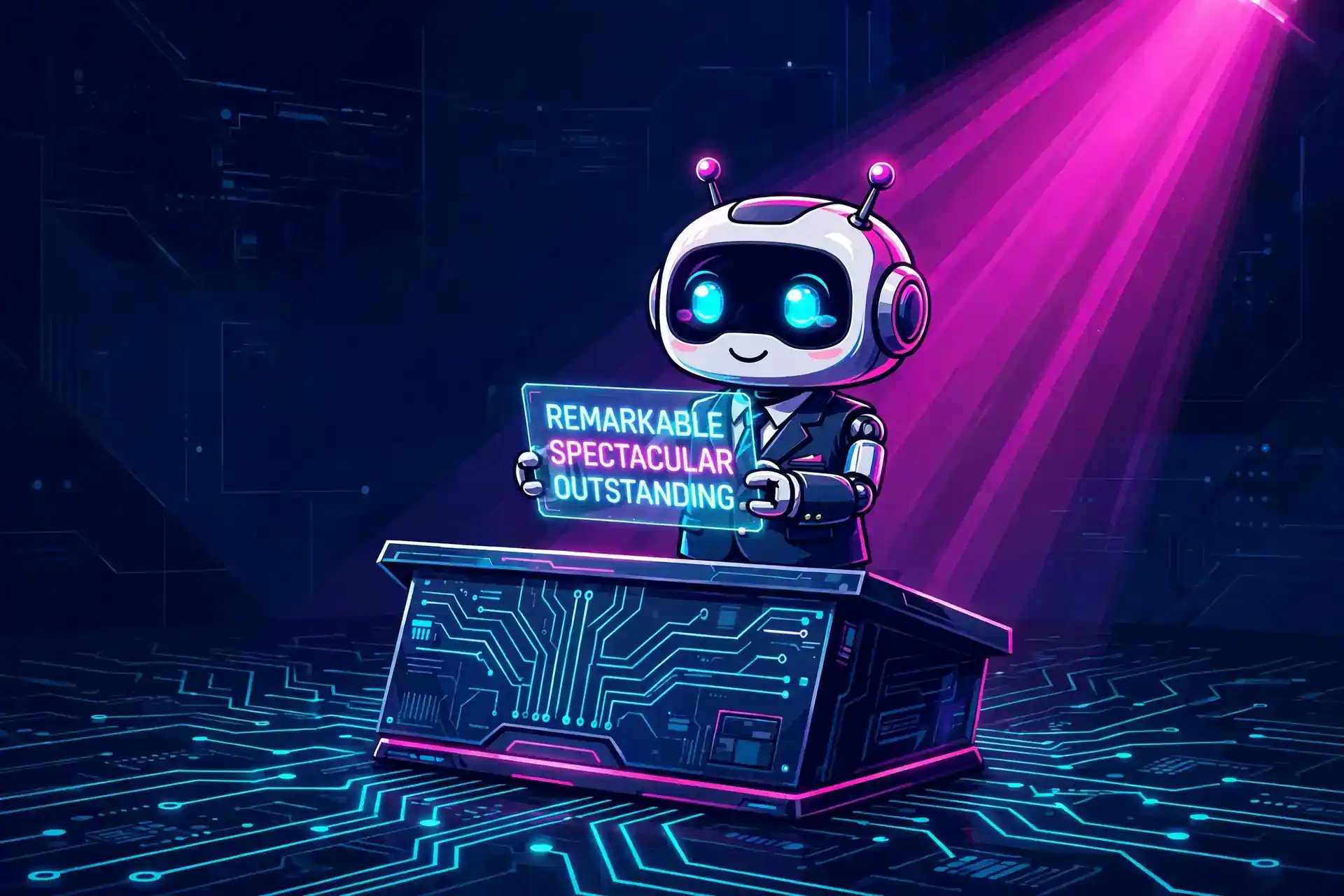 Robot presenting formal synonyms for amazing like remarkable, spectacular and outstanding on a glowing card