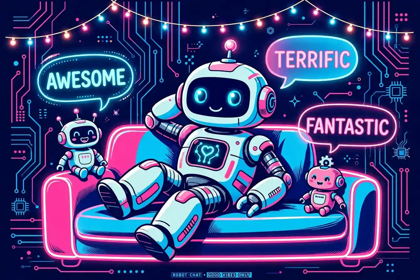 Cute robots relaxing on a neon couch using casual amazing synonyms like awesome, terrific and fantastic