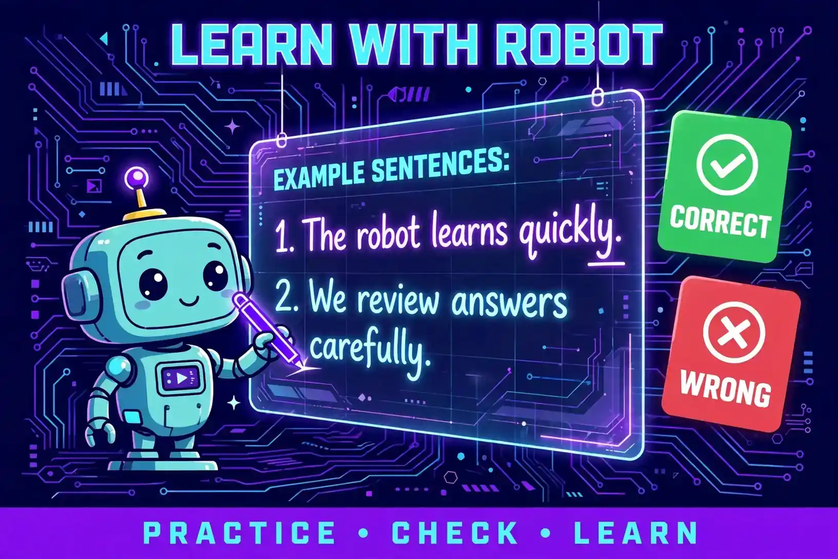 Robot learning with example sentences, showing correct and wrong usage of amazing synonyms