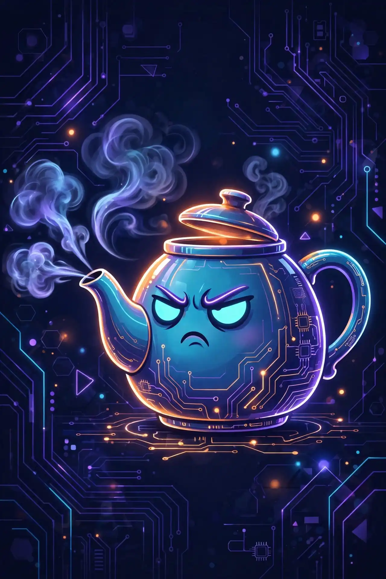 Glowing teapot character whistling steam, representing angry synonyms like fuming, heated and irritated