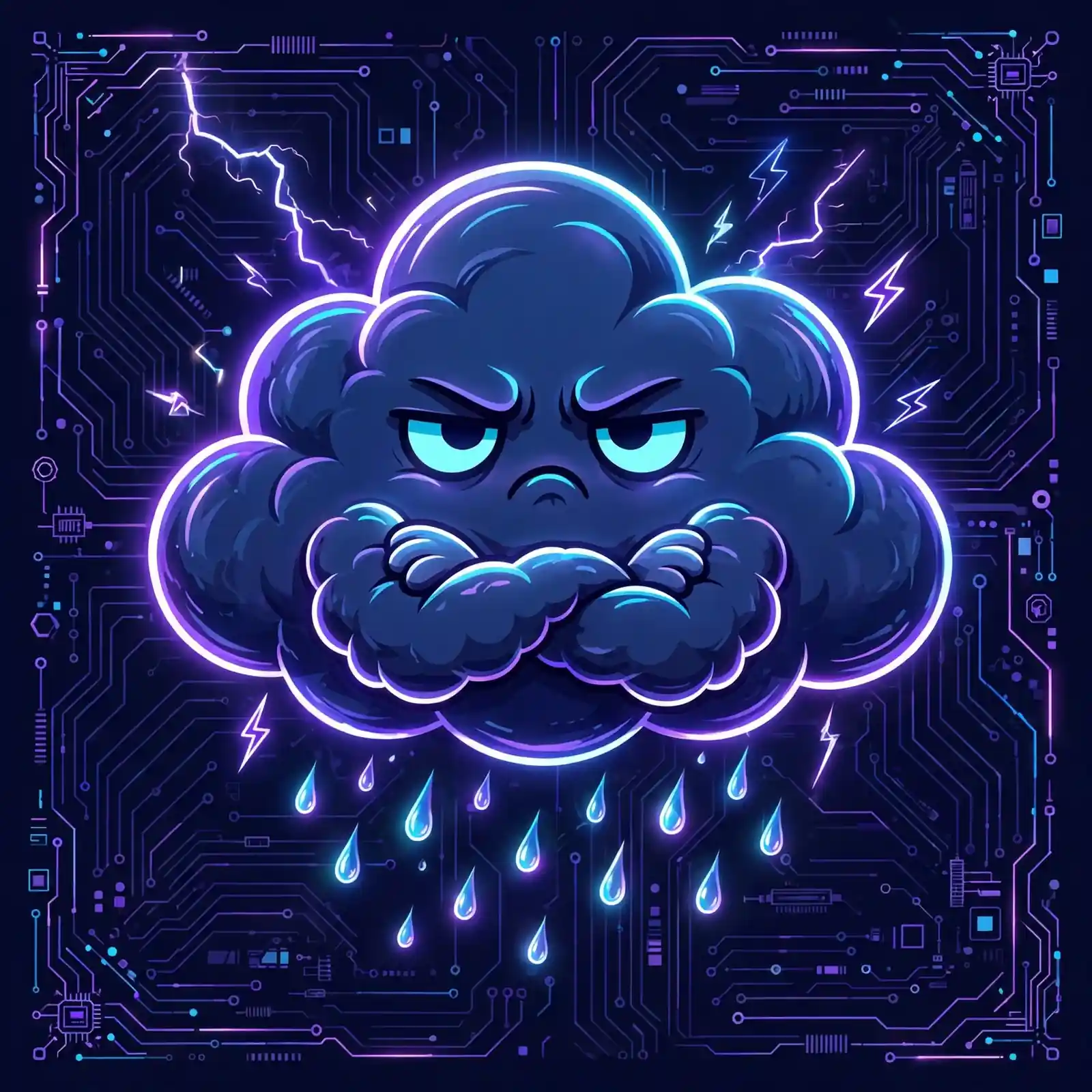 Grumpy glowing storm cloud character with crossed arms, representing angry synonyms like annoyed, testy and upset