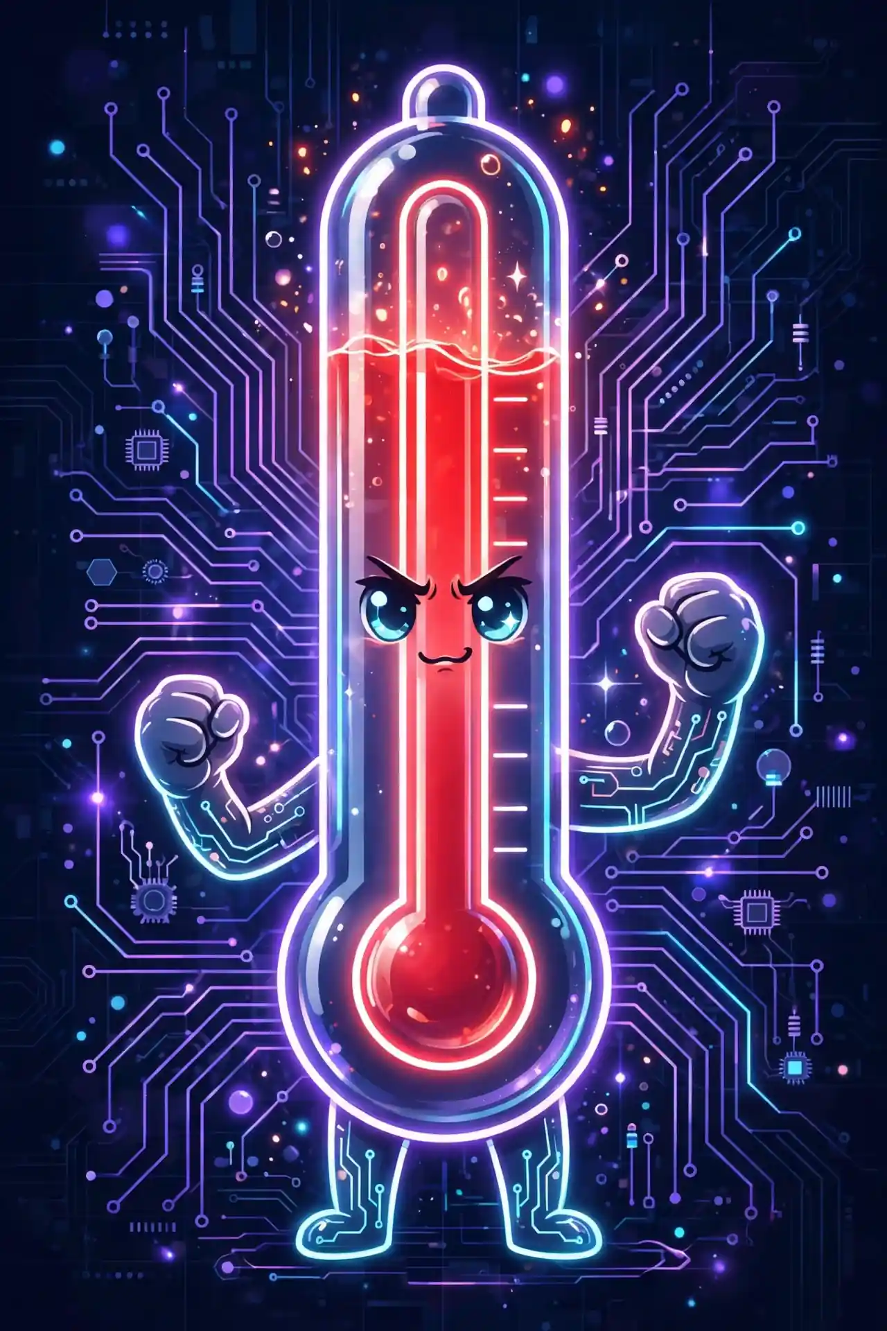Glowing thermometer character with rising red glow, representing angry synonyms like furious, enraged and livid
