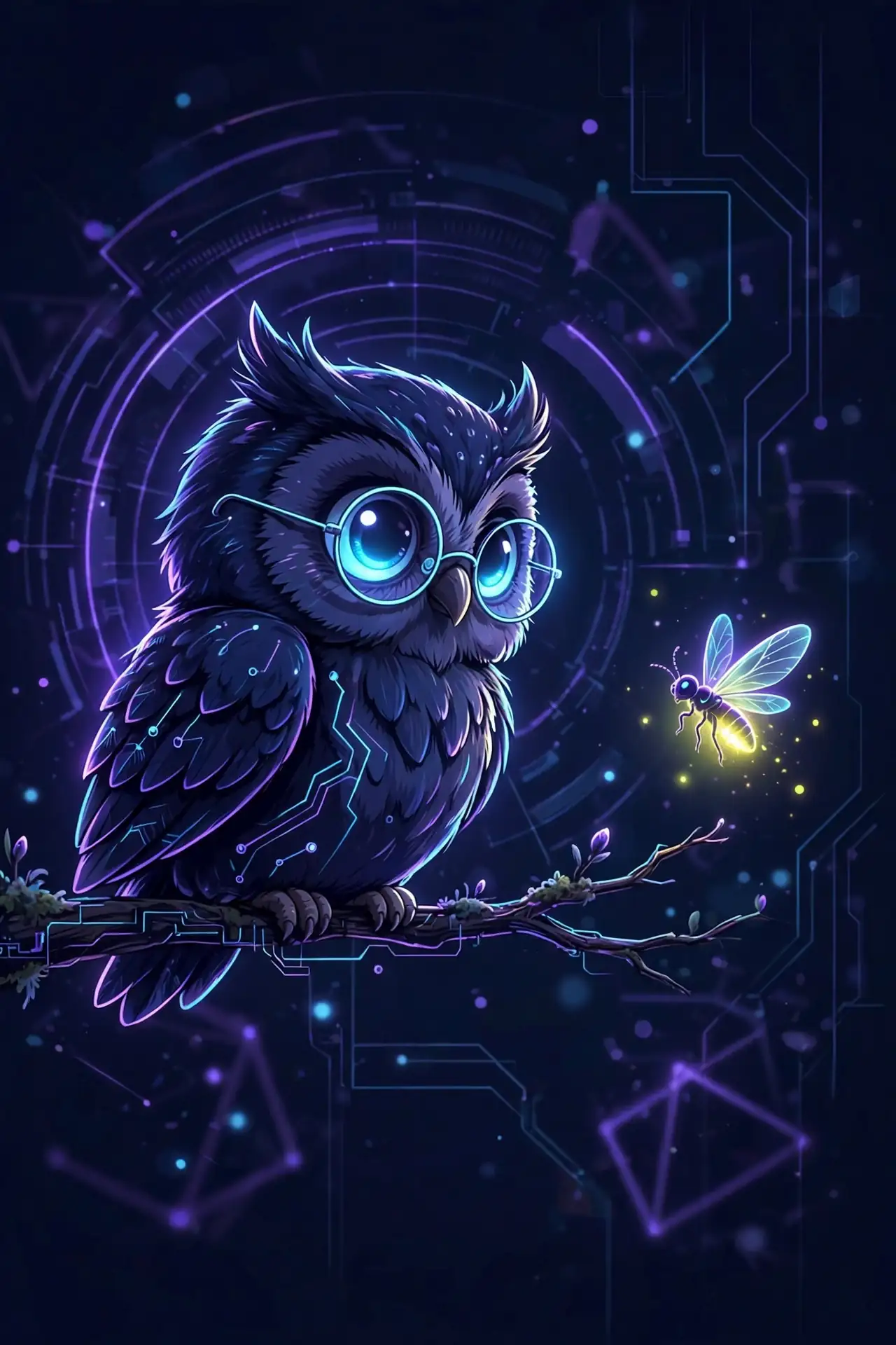 Owl with huge glowing eyes watching a firefly — observation and focus, key attention synonyms