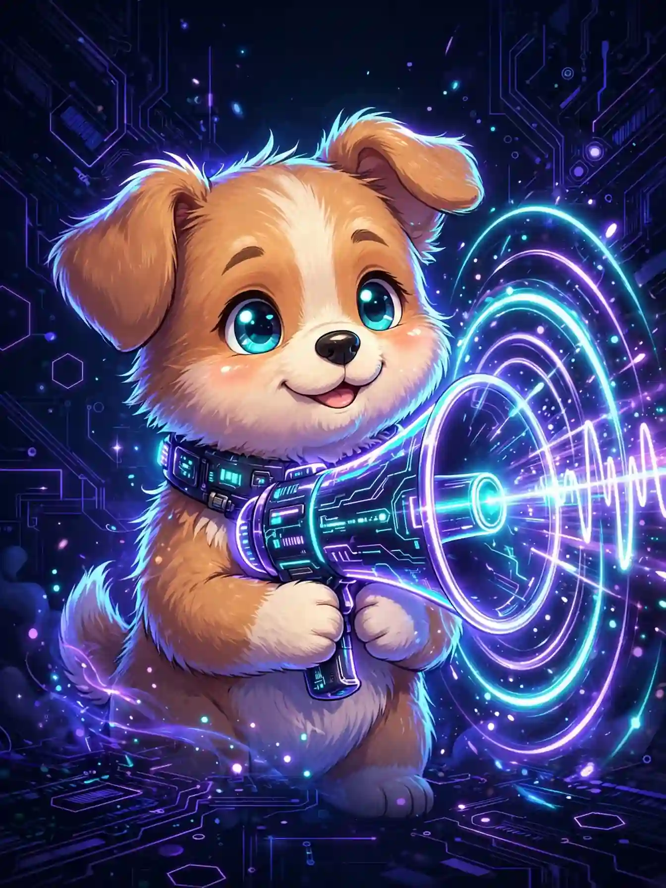 Puppy holding a glowing megaphone with neon sound waves — grabbing attention, a lively attention synonym
