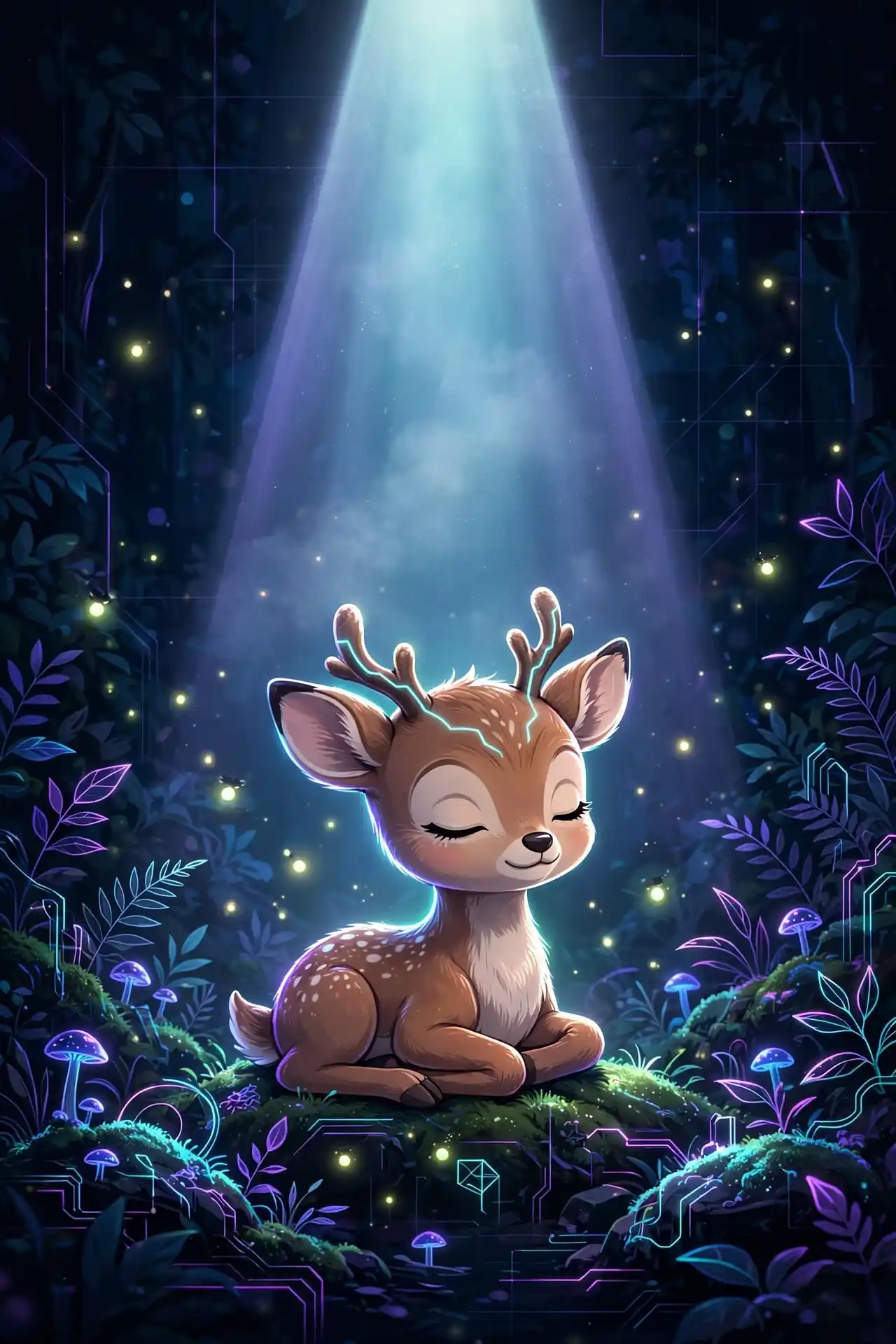 Baby deer resting peacefully under soft glowing light — mindfulness, a calm attention synonym
