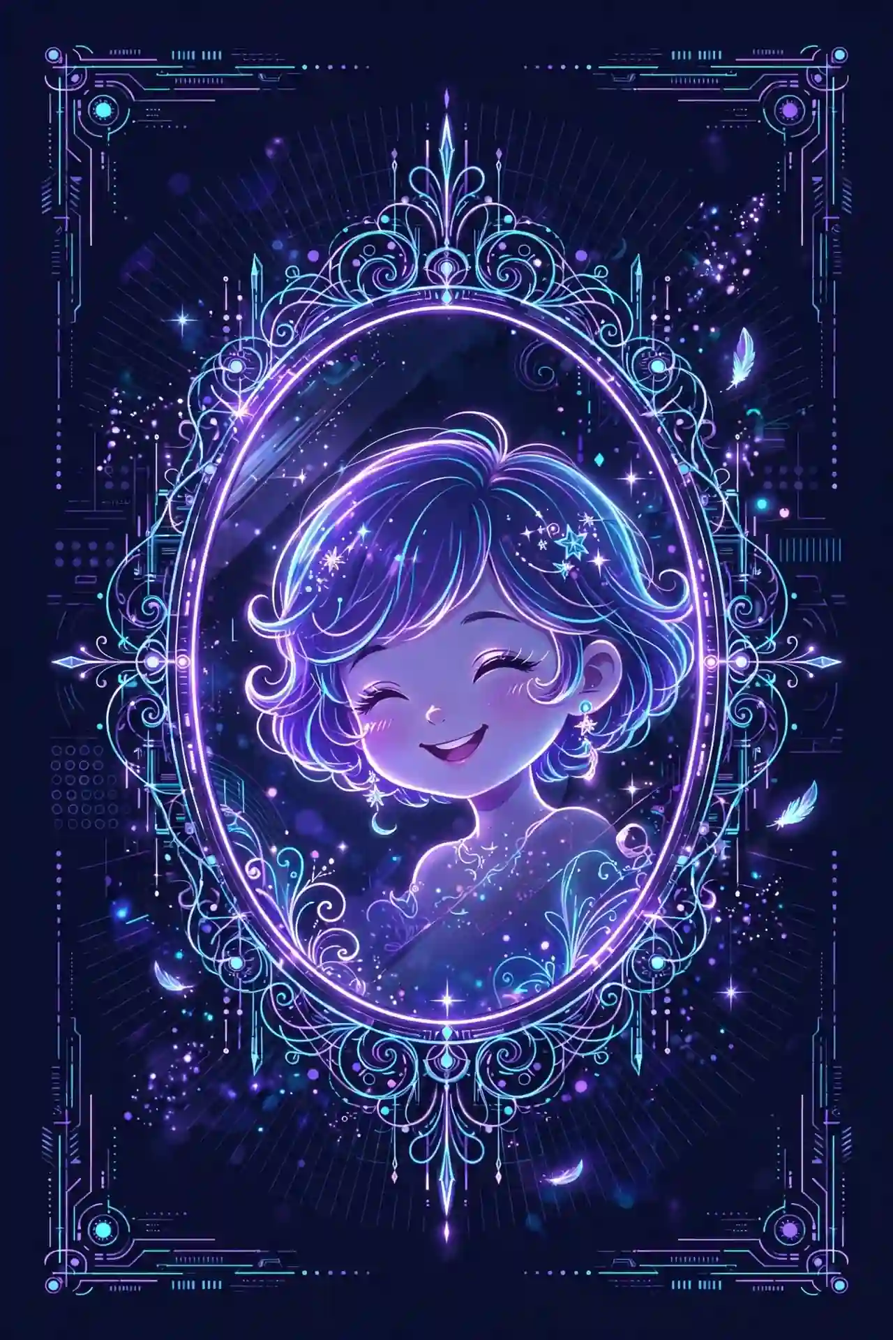 attractive synonyms — stylish glowing mirror with a smiling reflection and neon sparkles