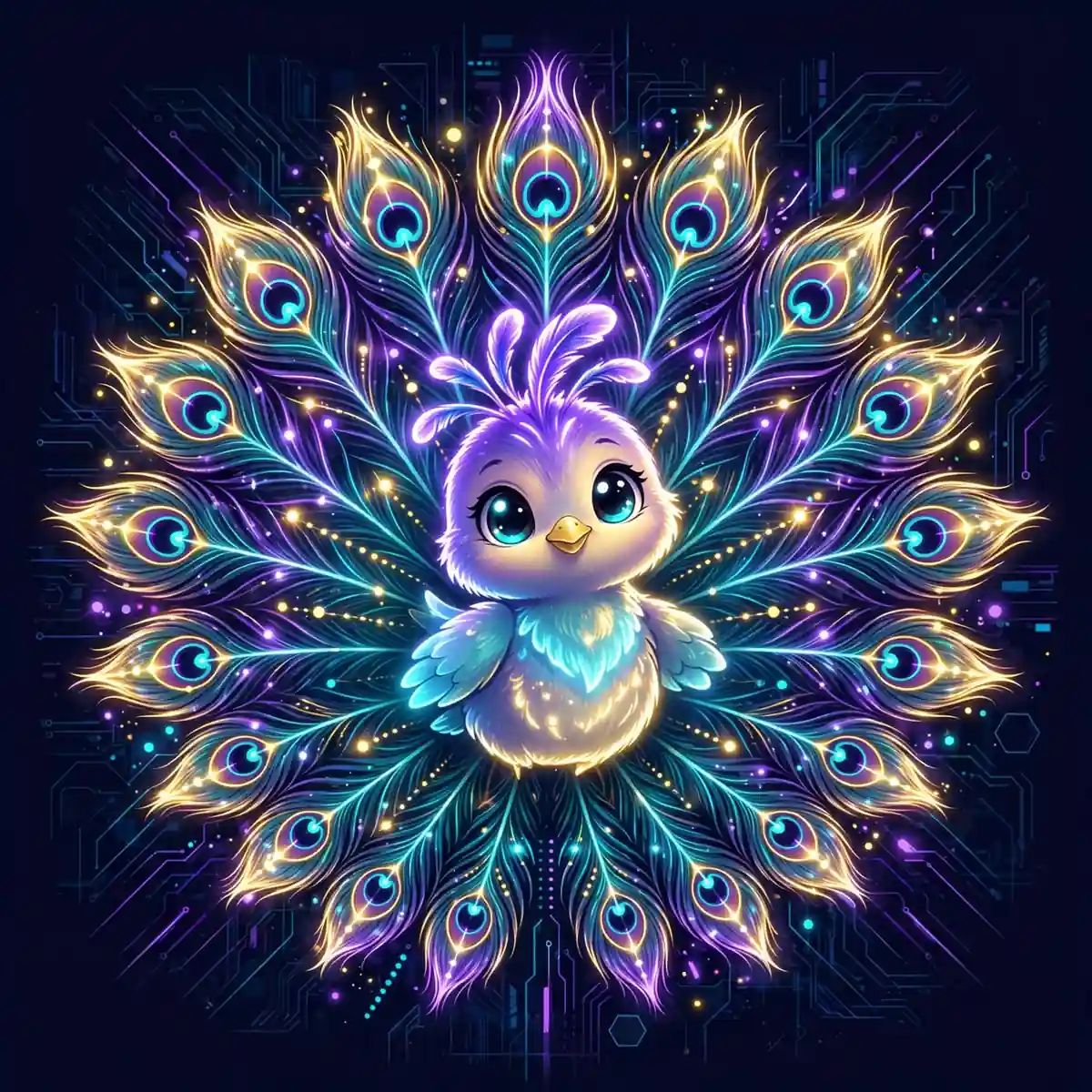 attractive synonyms — cute glowing peacock bird with a luminous neon feather tail