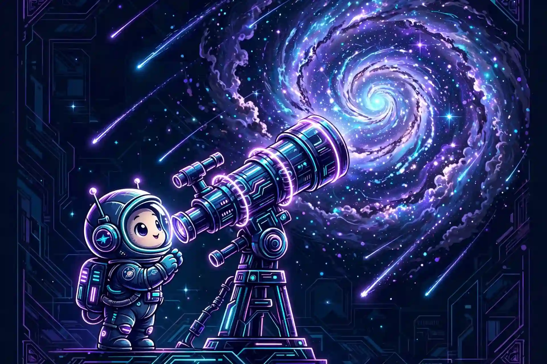 Awesome synonyms — neon illustration of a cute astronaut gazing in wonder at a glowing galaxy through a telescope