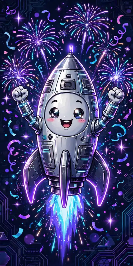 Awesome synonyms — neon illustration of a cute rocket celebrating with confetti and fireworks