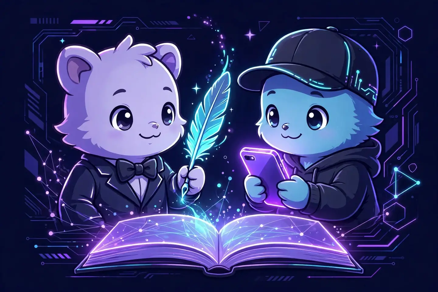 Awesome synonyms — neon illustration of formal and casual characters with an open book, showing formal vs casual word choices