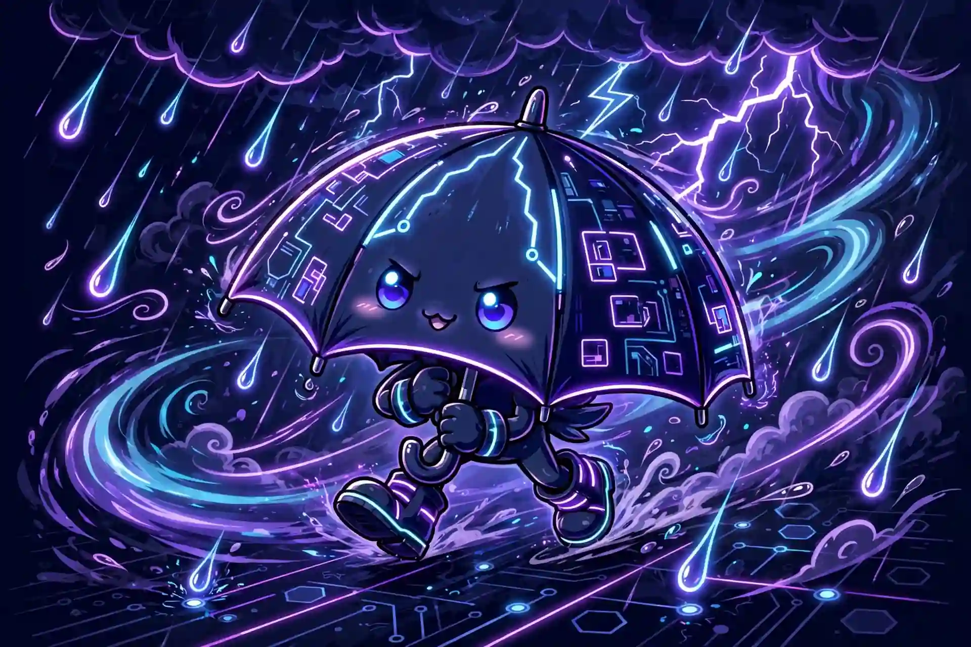 Bad synonyms — neon illustration of stormy weather and poor conditions with a cute umbrella character