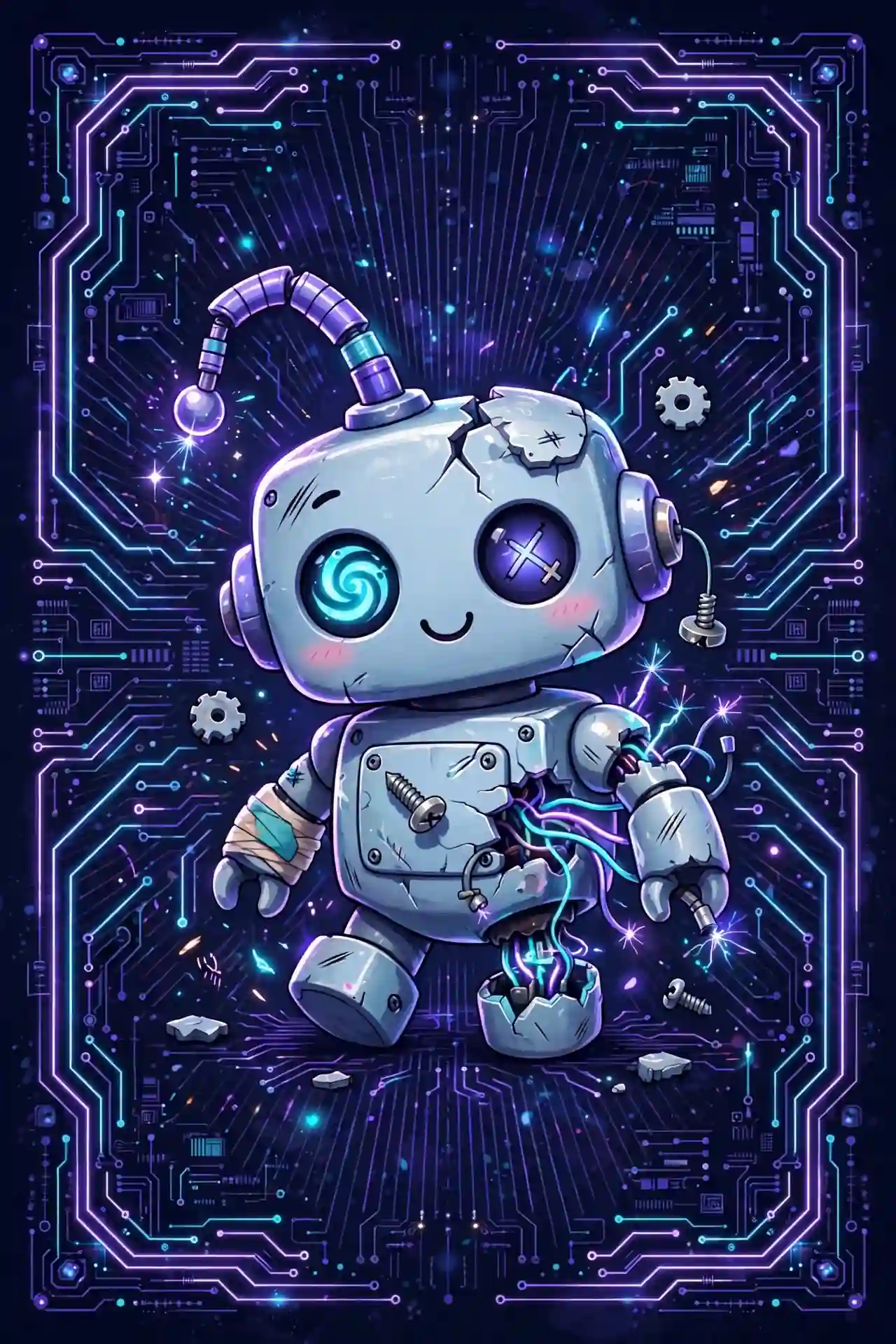 Bad synonyms — neon illustration of a faulty broken robot toy showing defective quality