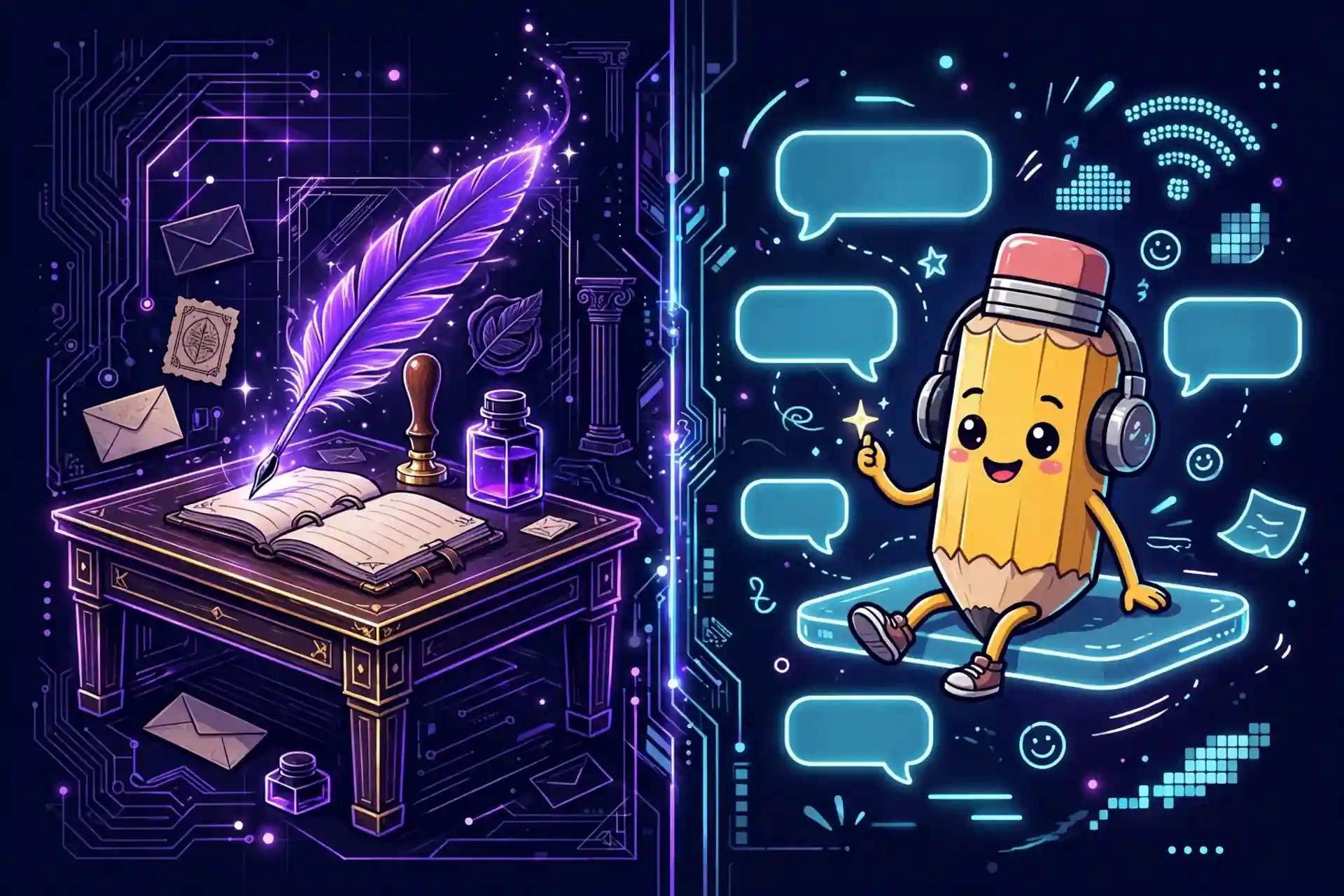 Bad synonyms formal vs casual — neon illustration of a formal writing desk and casual chat concept