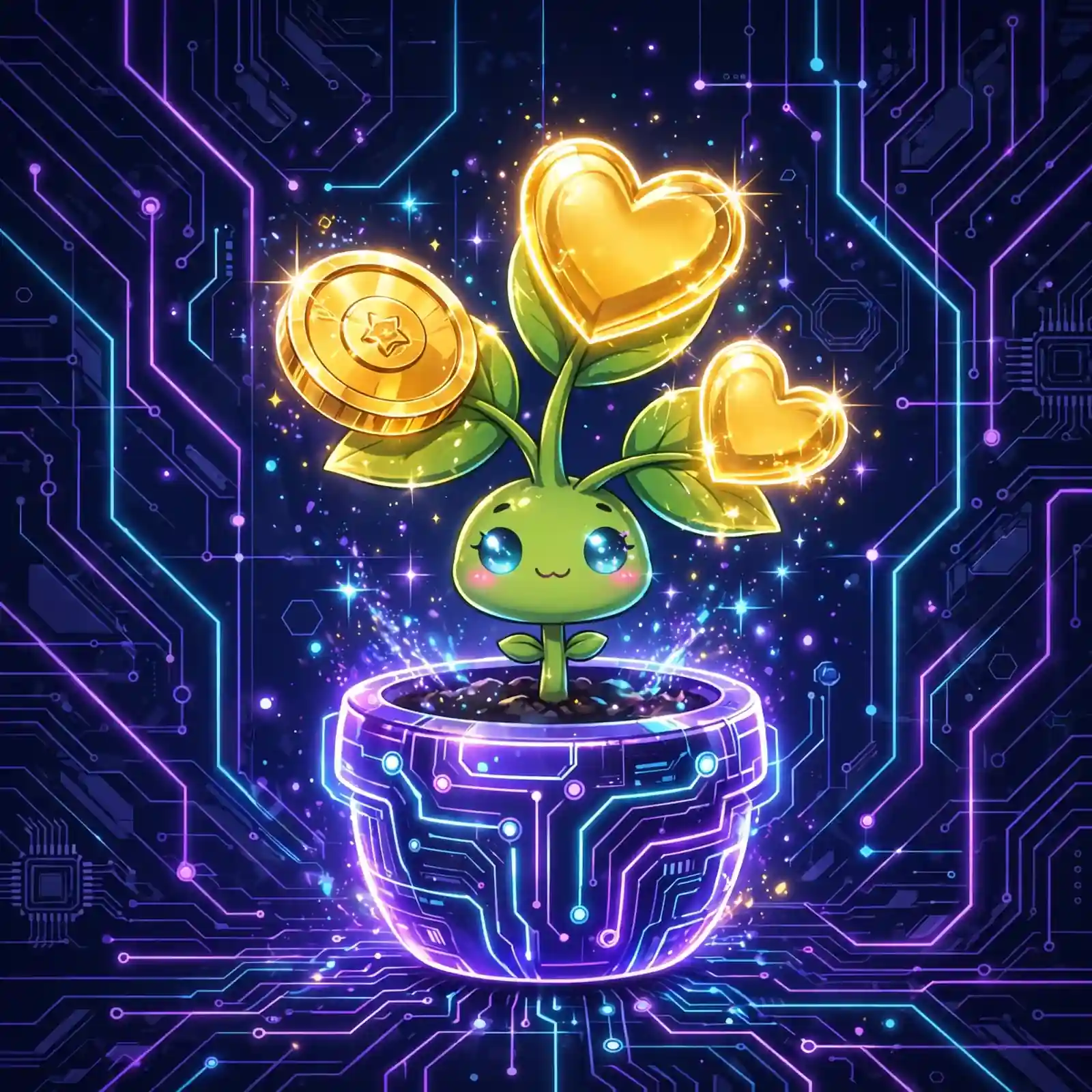 benefit synonyms — cute plant sprouting glowing coins and leaves showing growth and gain