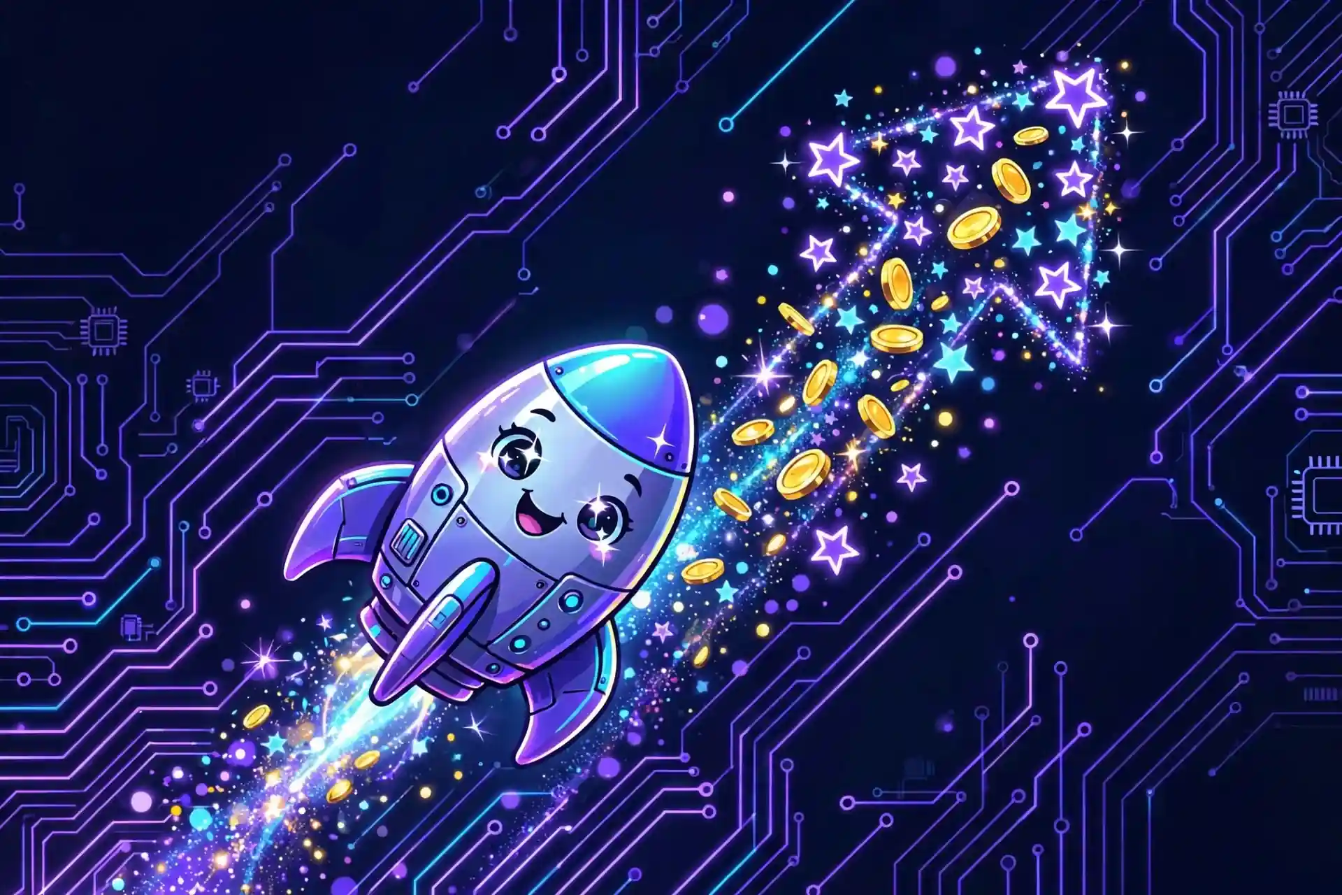 benefit synonyms — happy rocket soaring upward with stars showing a boost in results
