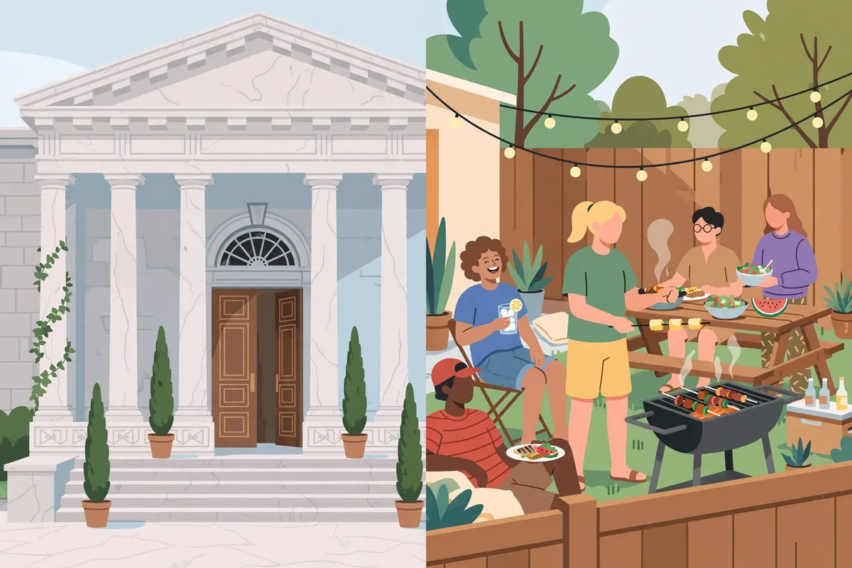 Formal vs casual synonyms for big - grand building entrance compared with backyard gathering