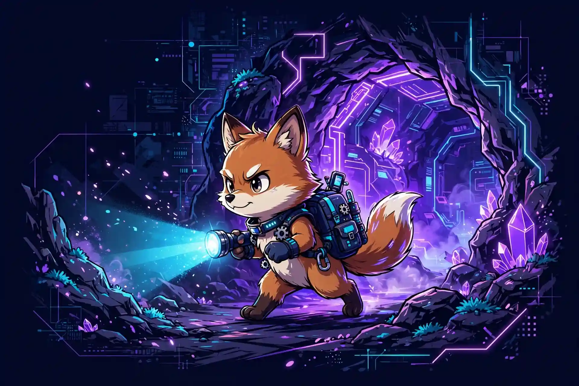 Brave synonym in action — a cute fox explorer with a flashlight showing daring and intrepid courage