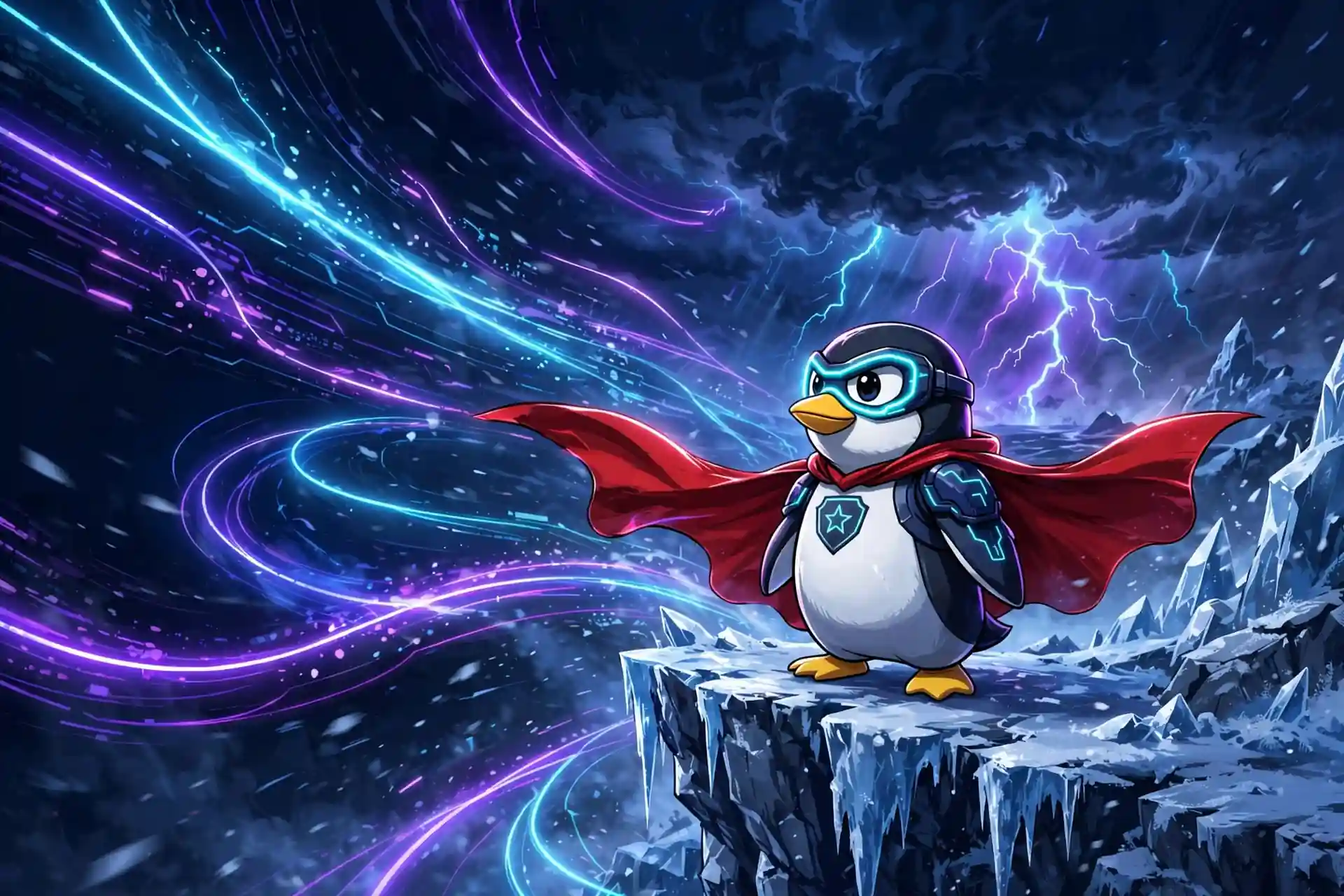 Another brave synonym illustrated — a cute penguin hero in a cape showing fearless and resolute bravery
