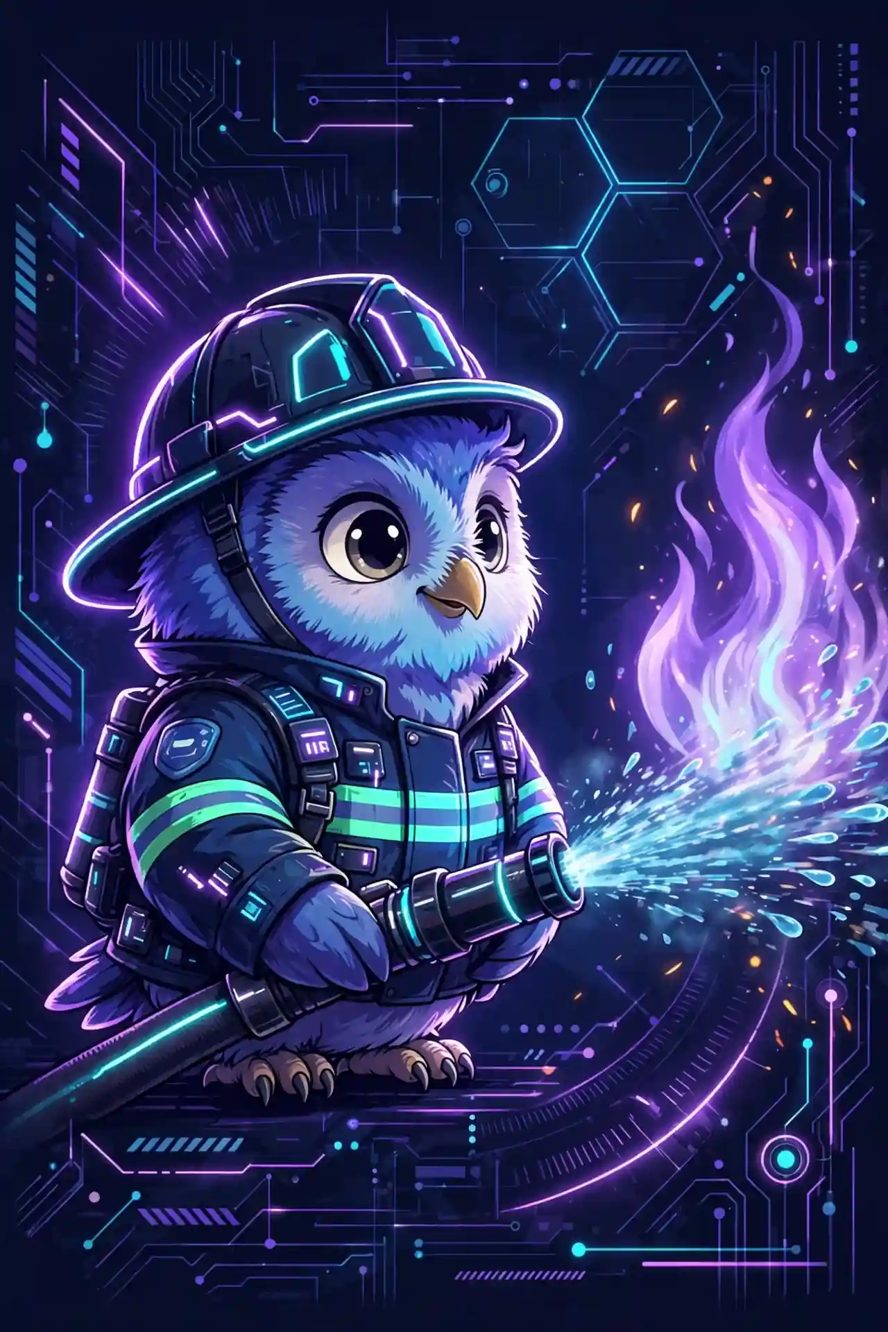 Brave synonym example — a cute owl firefighter showing heroic and gallant courage