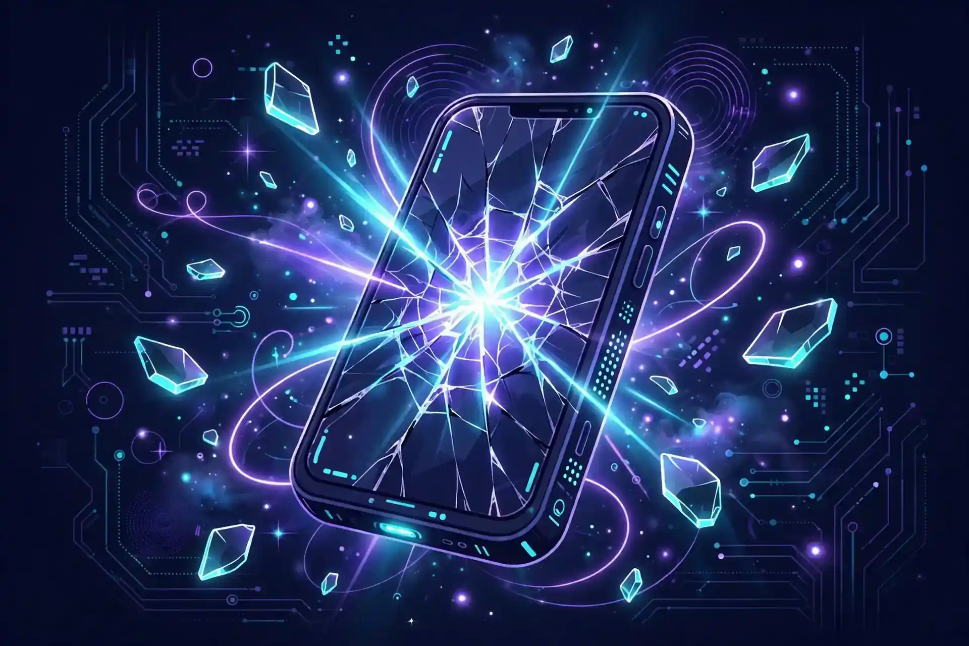 broken synonyms — cracked phone screen with neon glow seeping through the cracks