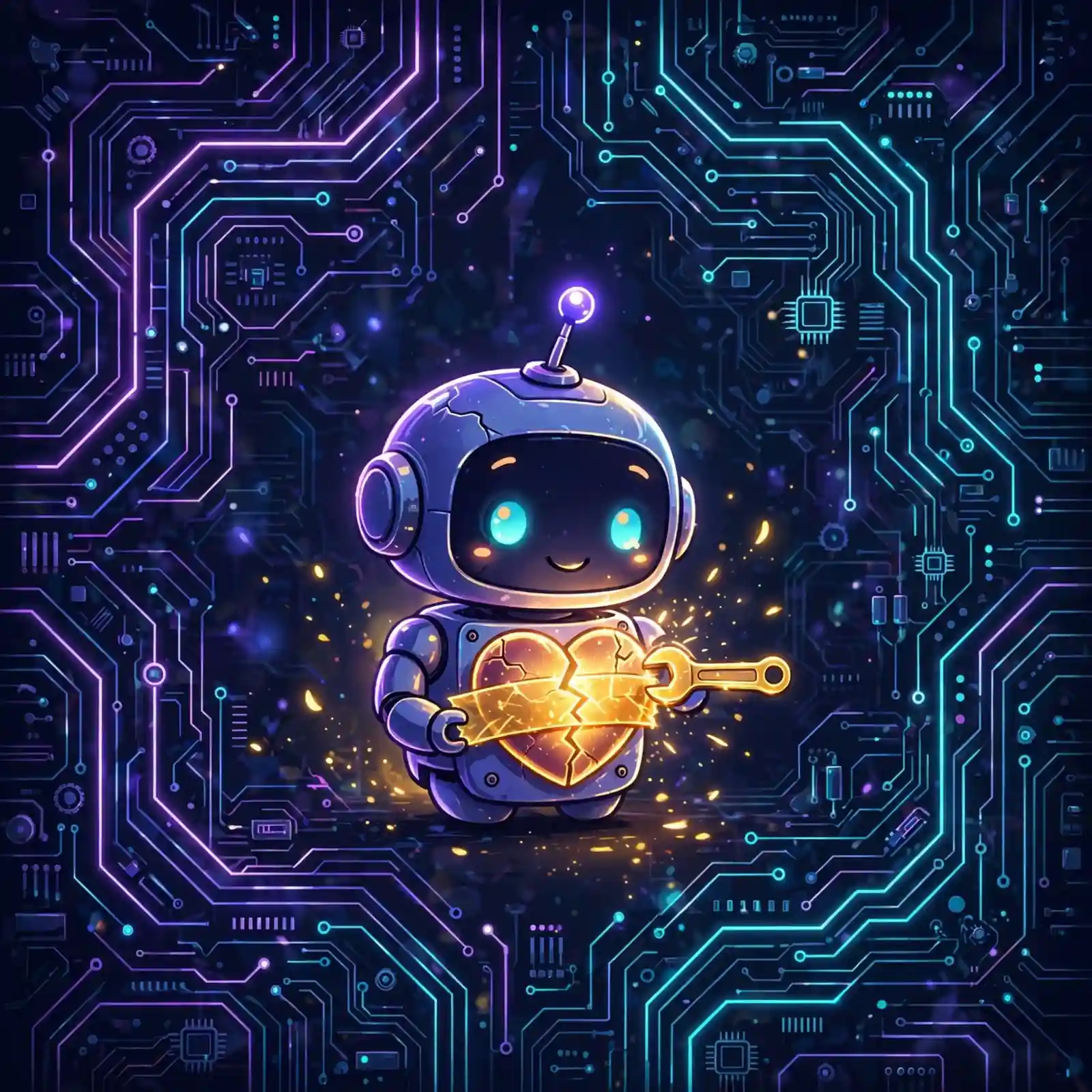 broken synonyms — cute robot with a cracked heart being repaired with glowing tape