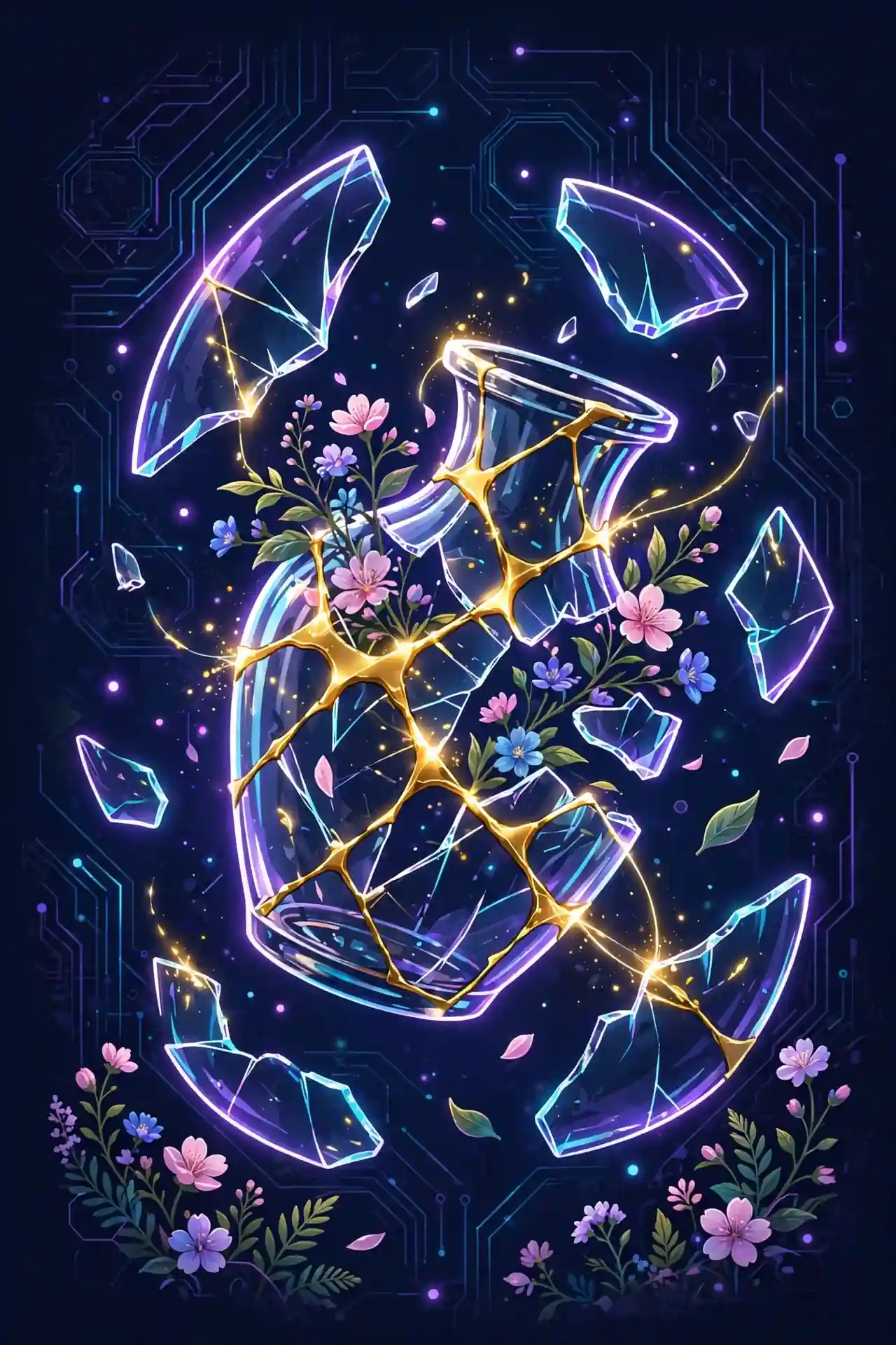 broken synonyms — shattered vase repaired with glowing golden kintsugi lines