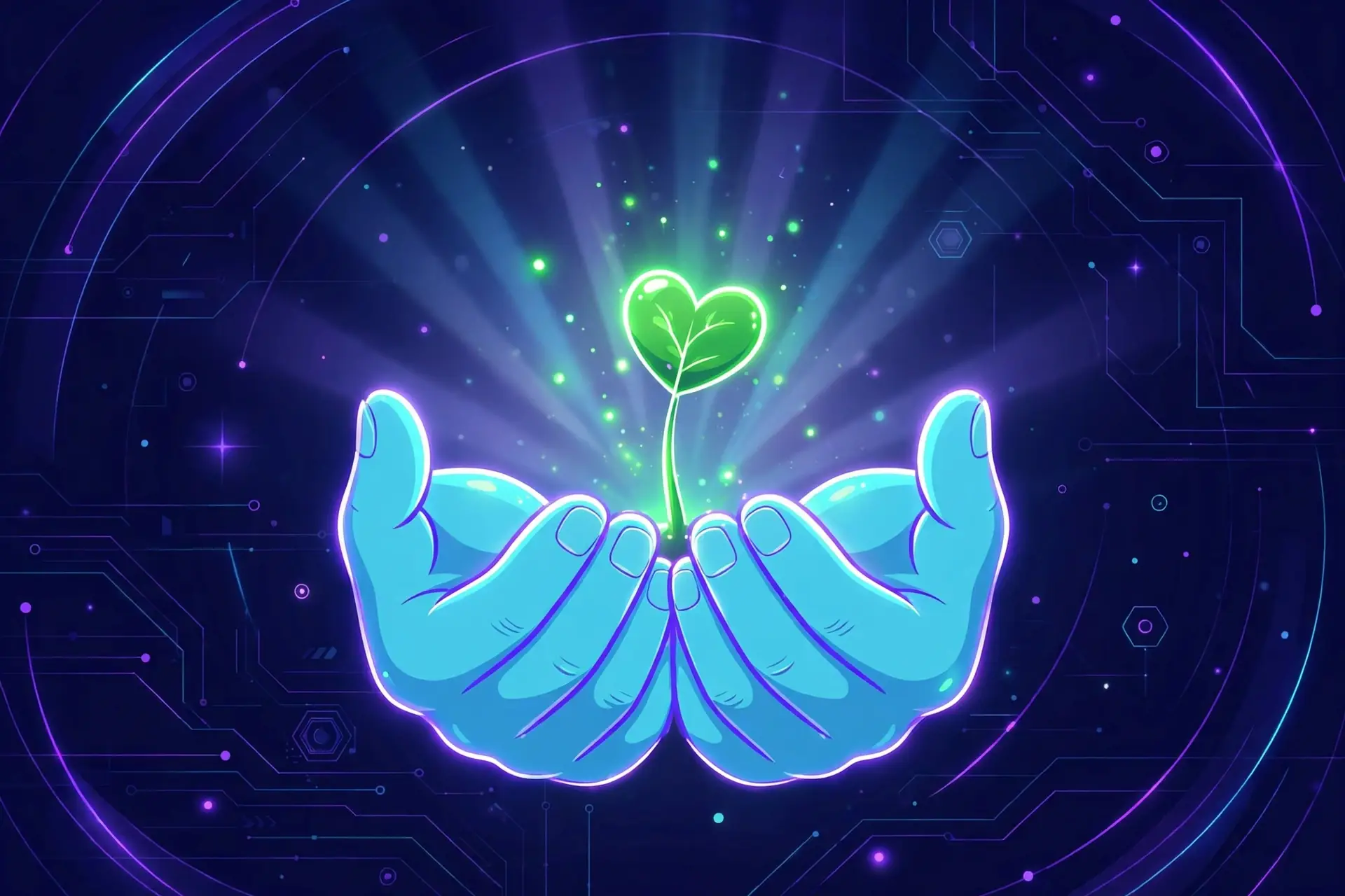 Care synonyms — two hands gently holding a glowing sprout, showing nurture and tend to