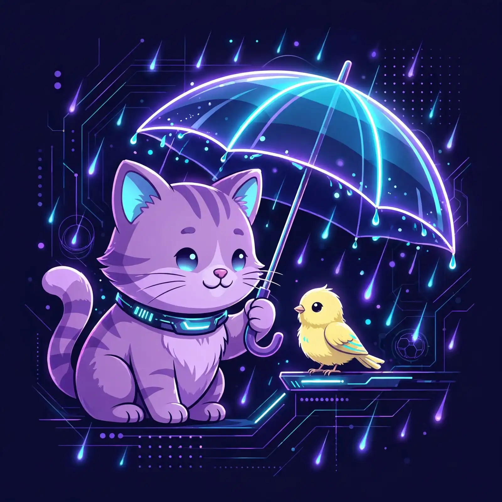 Synonyms for care — a cat protecting a small bird with a glowing umbrella, showing protect and watch over