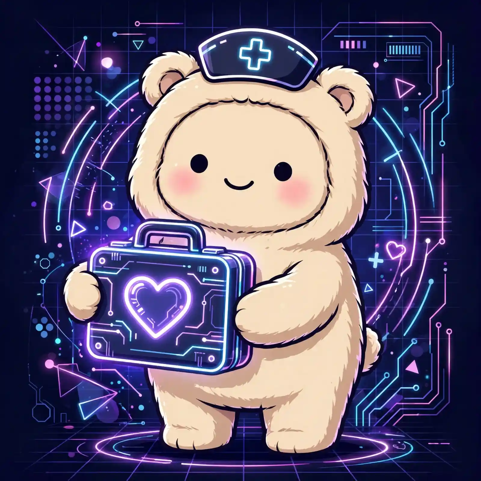 Learning care synonyms — a cute nurse bear holding a first-aid kit, showing attend to and provide for