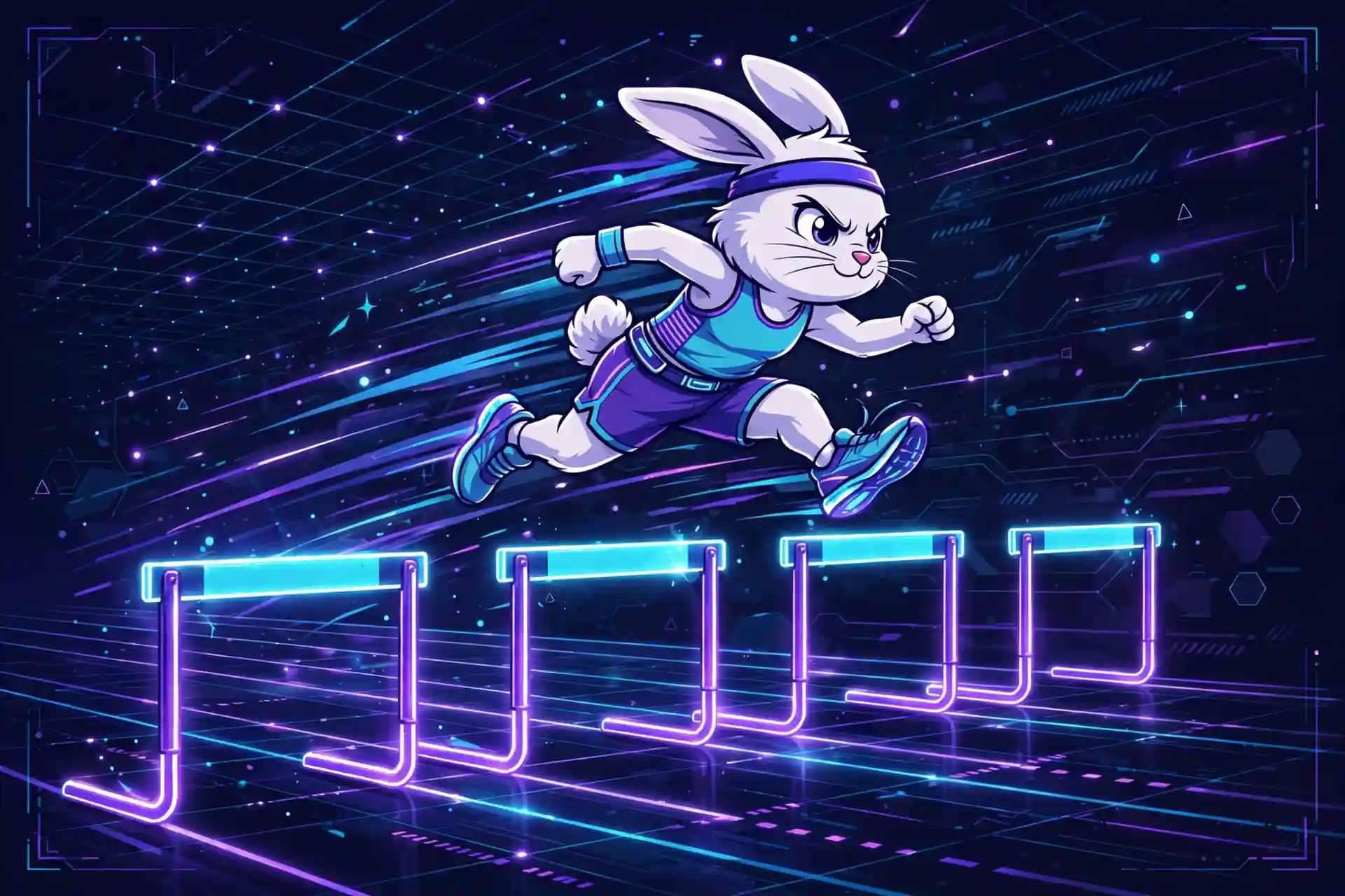 Challenge synonyms — a rabbit leaping over glowing hurdles, showing hurdle and obstacle