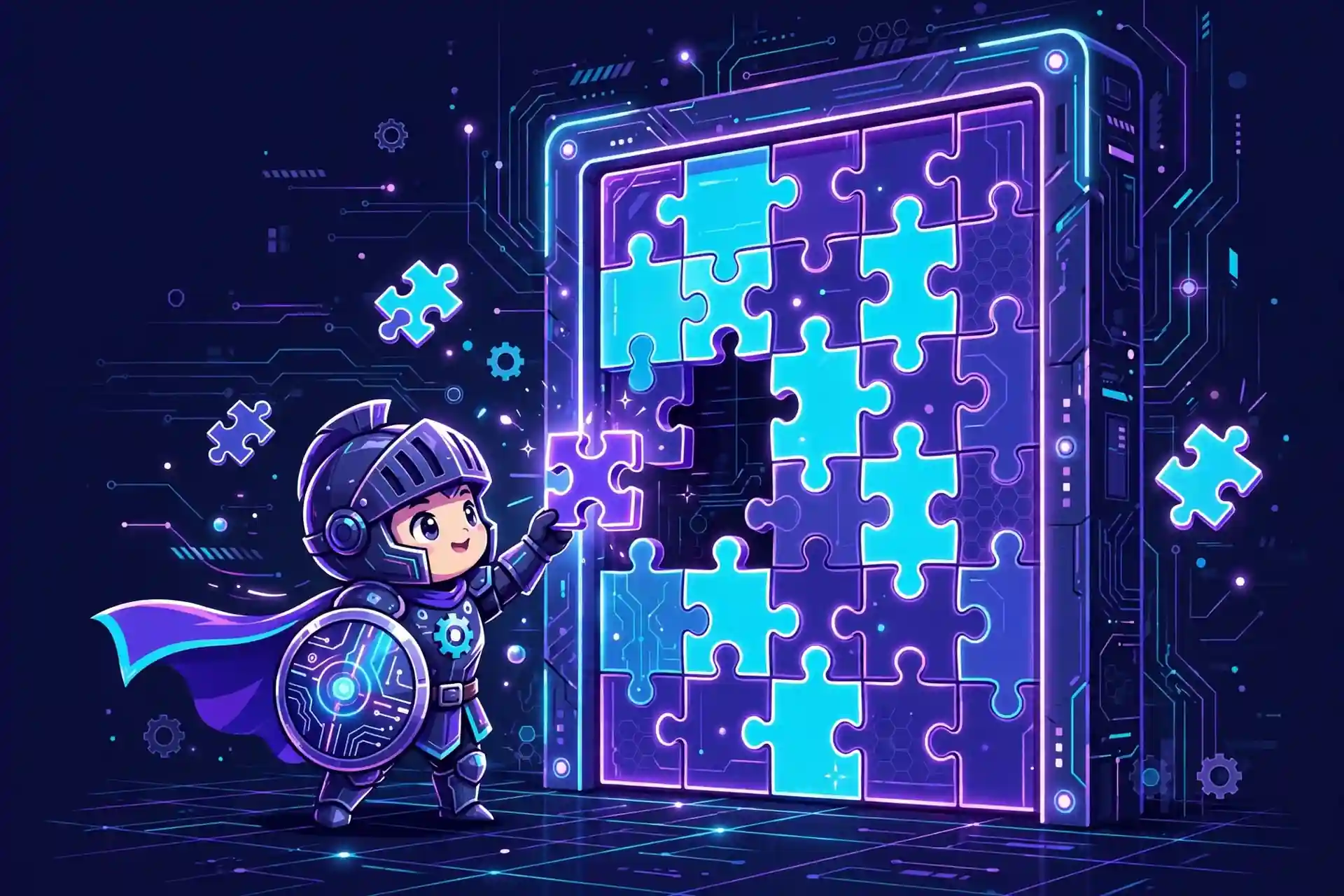 Synonyms for challenge — a cute knight solving a glowing puzzle door, showing puzzle and dilemma