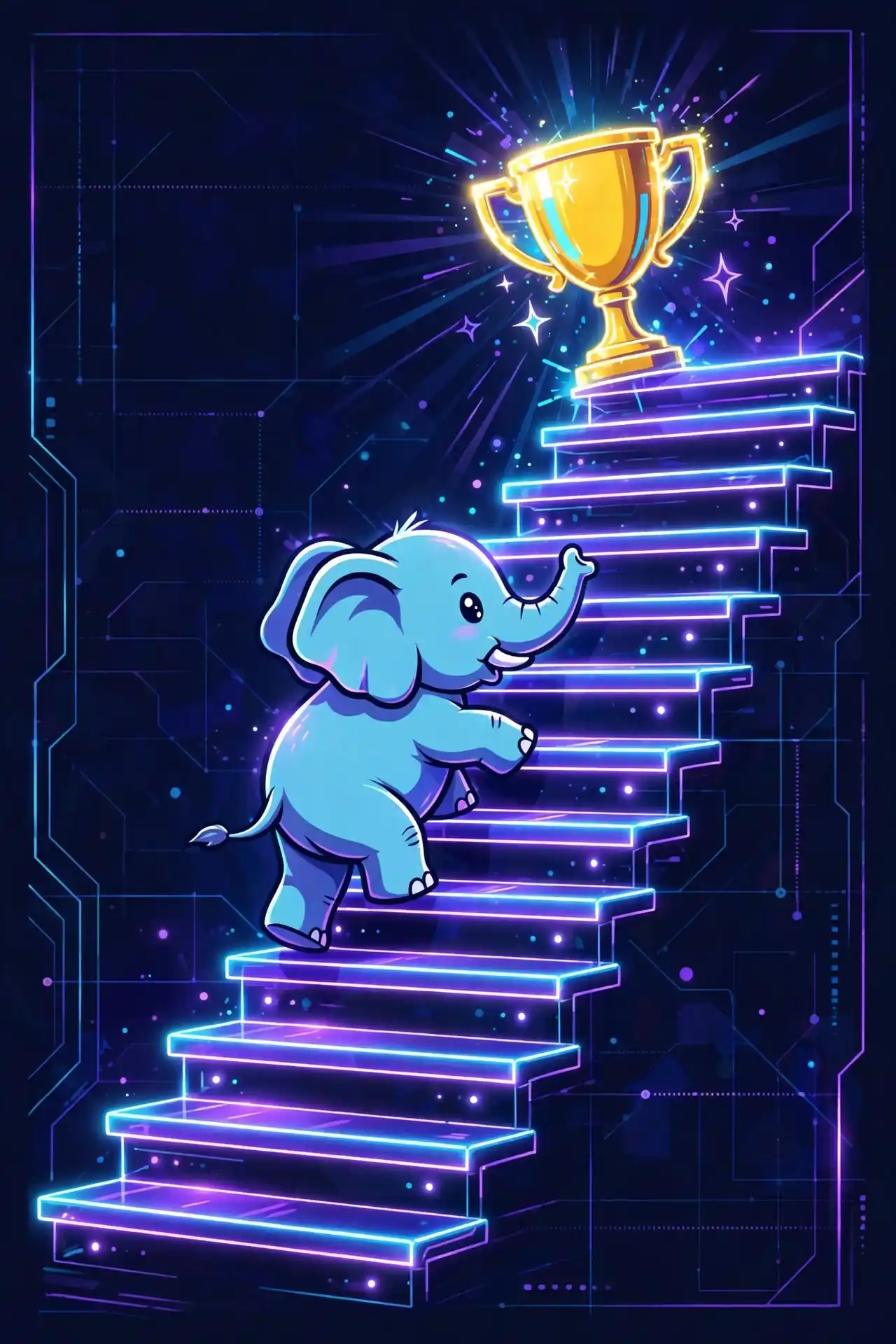 Learning challenge synonyms — an elephant climbing glowing stairs toward a trophy, showing quest and mission