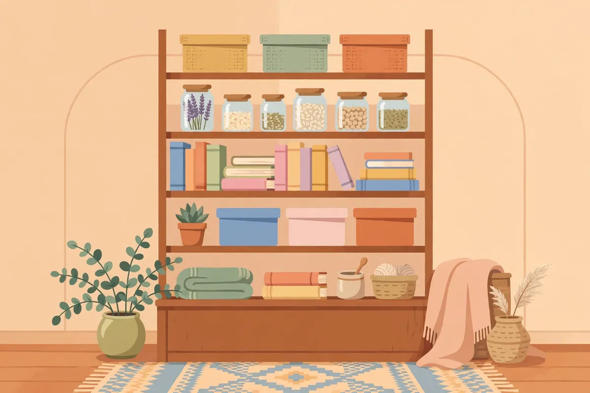 Different ways to say collection in English - organized shelves with labeled boxes and jars