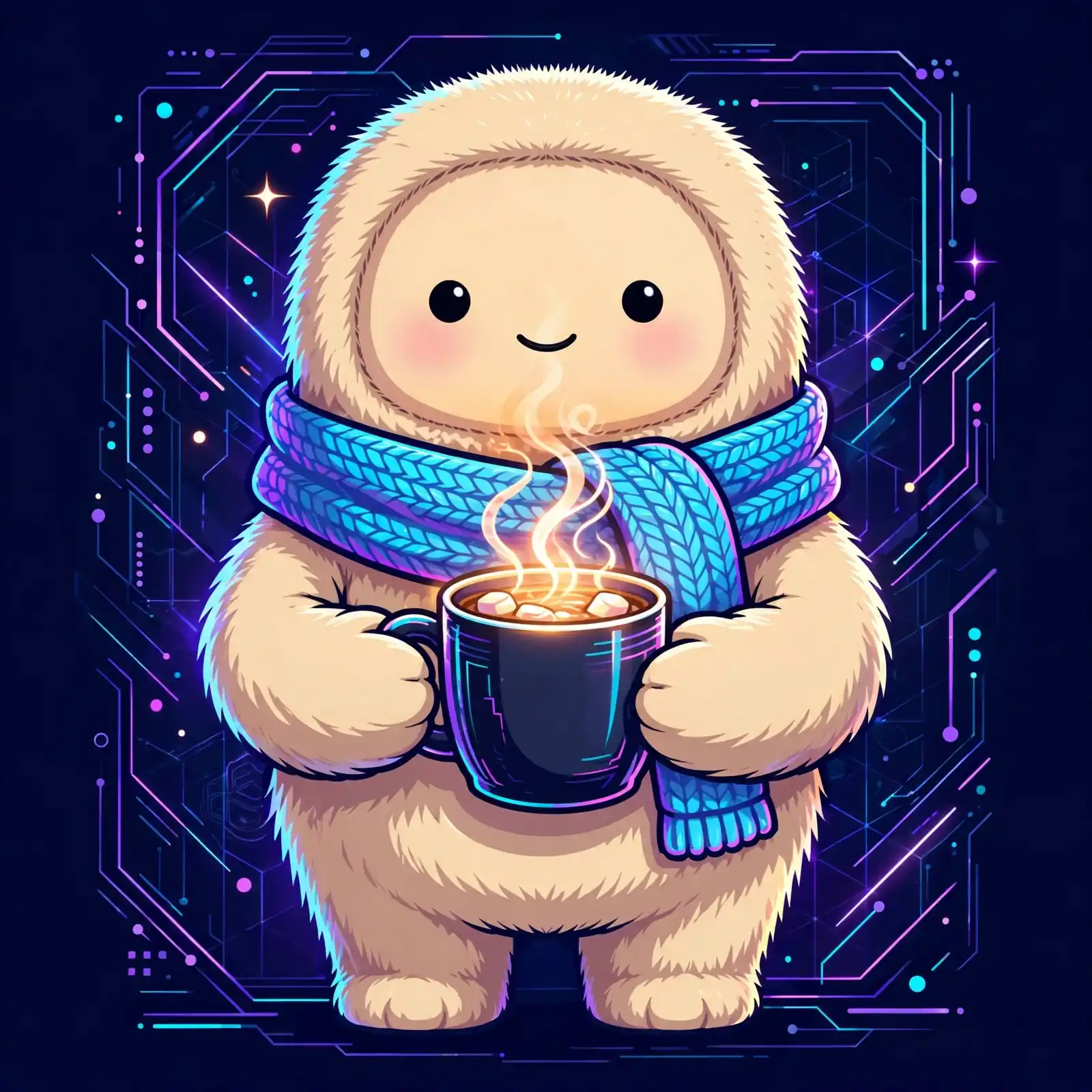 Comfort synonyms — a bear holding a glowing mug of cocoa, showing coziness and warmth