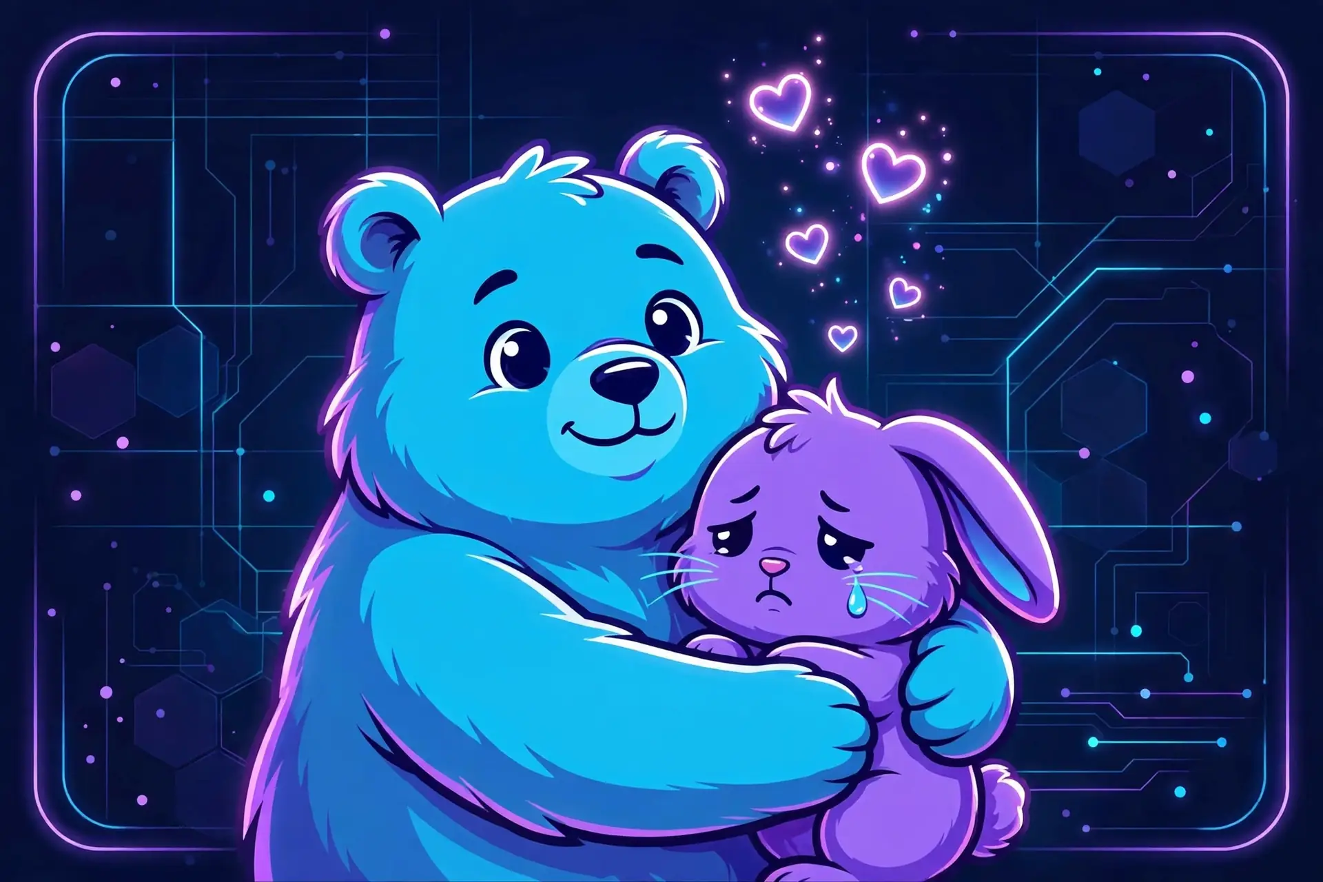 Synonyms for comfort — a big bear hugging a small bunny with glowing hearts, showing console and soothe