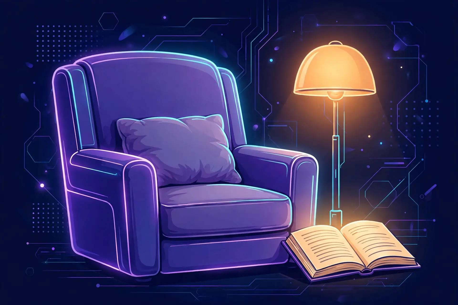 Learning comfort synonyms — a cozy glowing armchair with a lamp and book, showing rest and peace