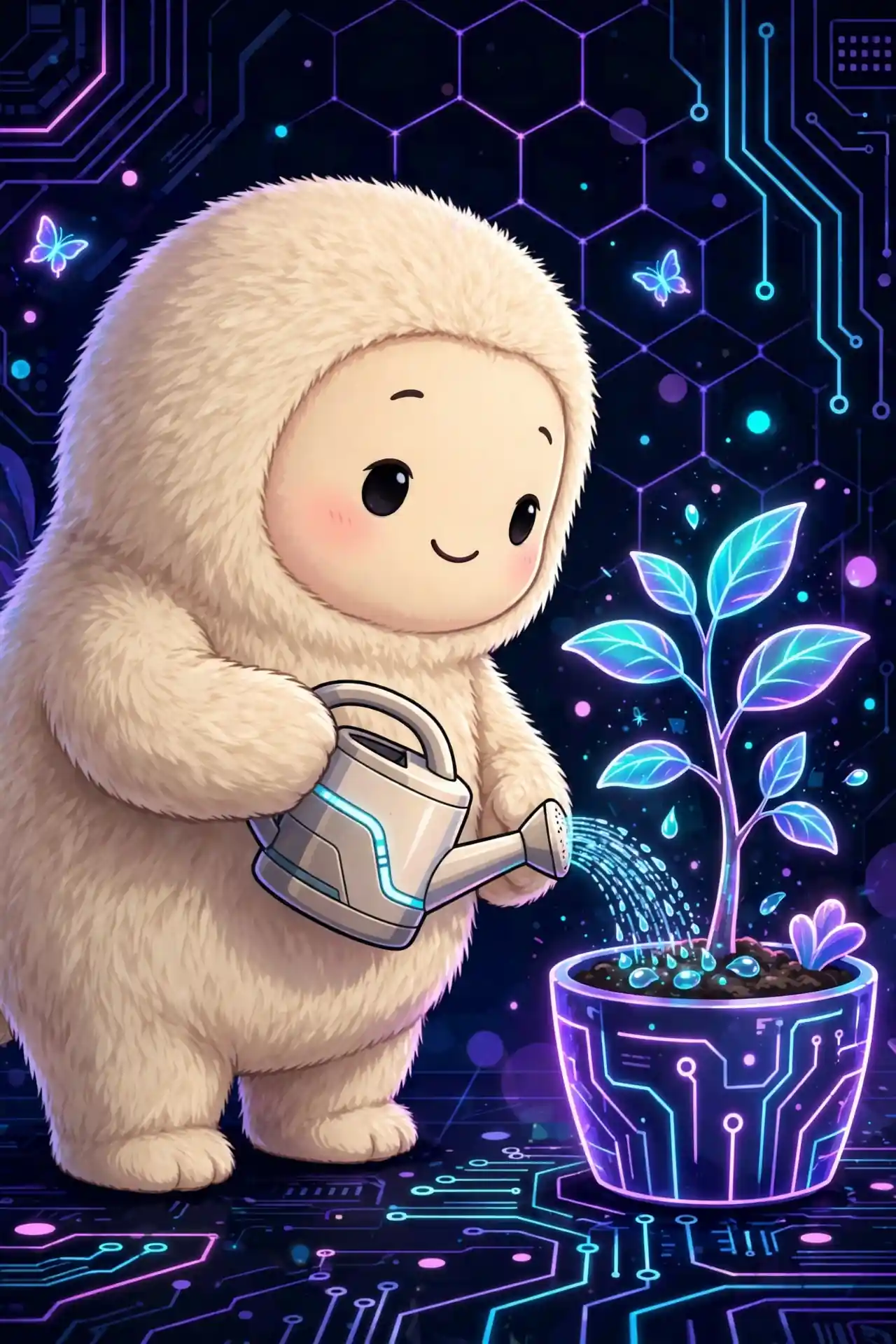 Cute character watering a glowing tree — dedication, a commitment synonym about steady care