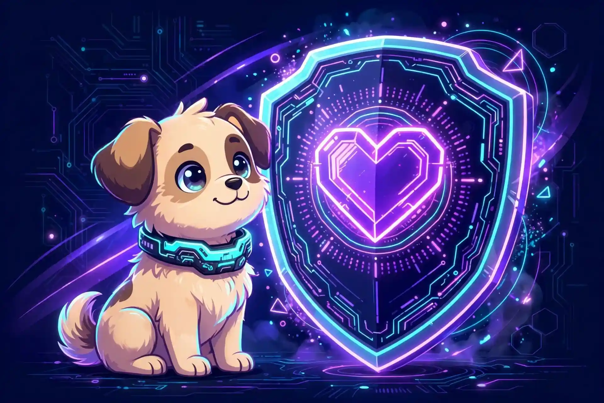 Cute loyal dog guarding a glowing shield with a heart — loyalty, a commitment synonym