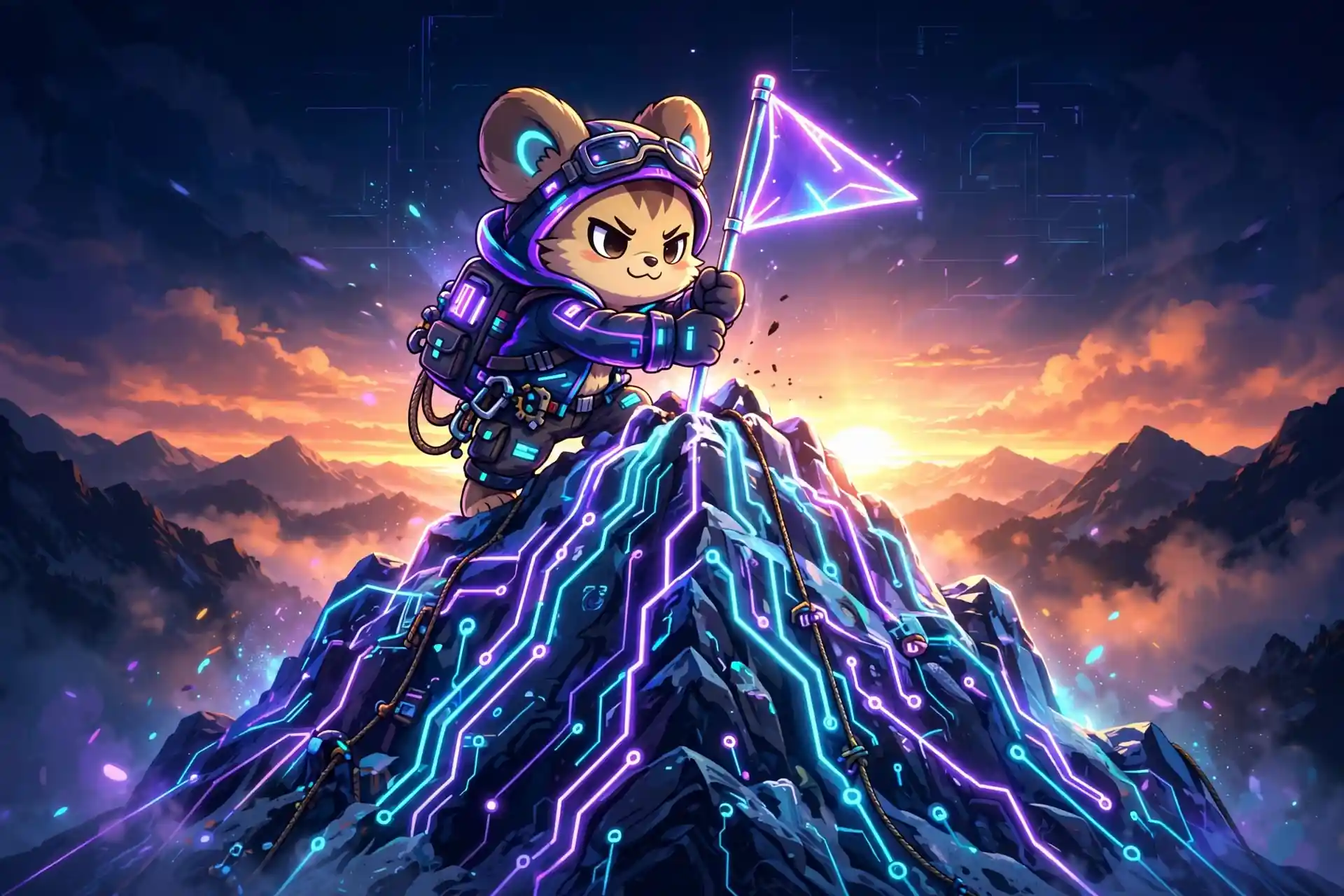 Cute climber planting a glowing flag on a neon mountain — perseverance, a commitment synonym