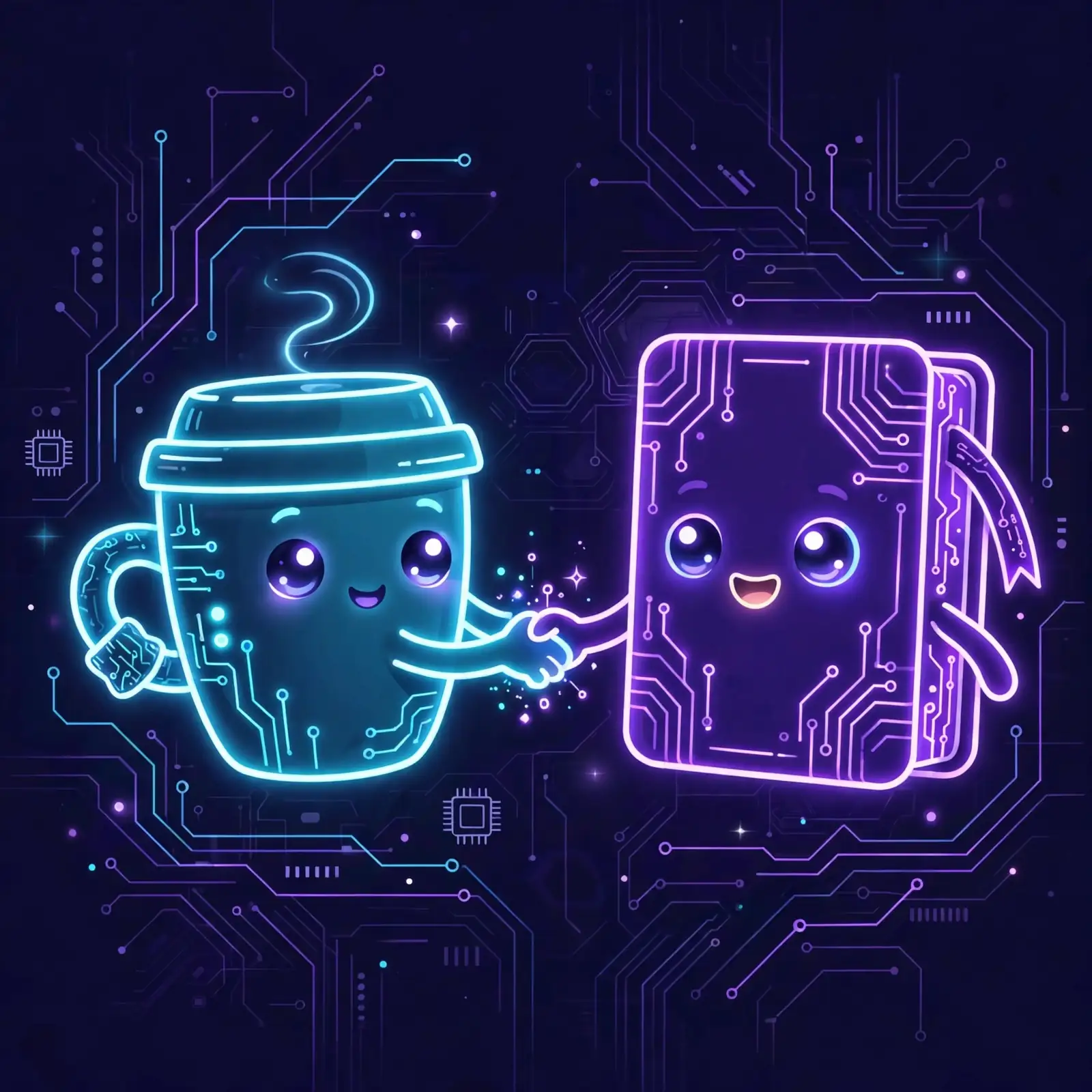 Two glowing characters shaking hands like old friends, representing common synonyms like familiar, shared and usual