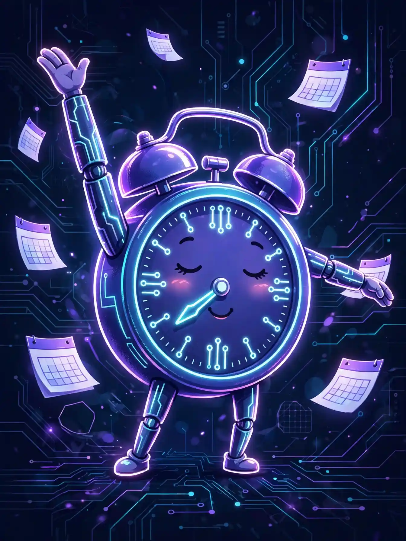 Glowing alarm clock character doing a morning stretch, representing common synonyms like routine, regular and everyday