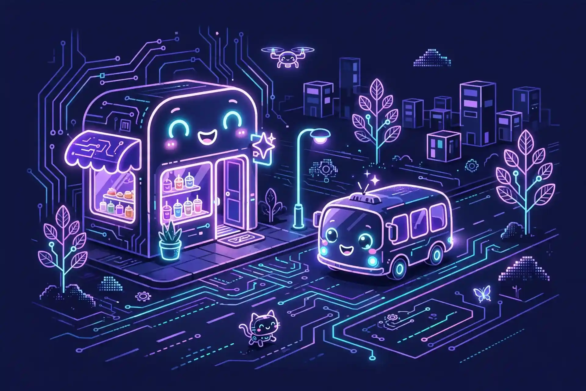 Glowing city street scene with everyday characters, representing common synonyms like widespread, popular and universal