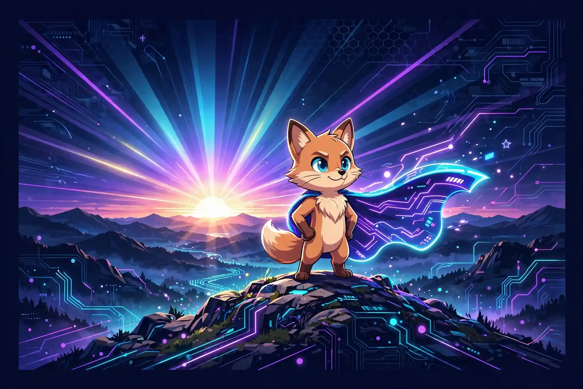 Confident synonyms — a fox in a glowing superhero cape standing tall, showing bold and fearless